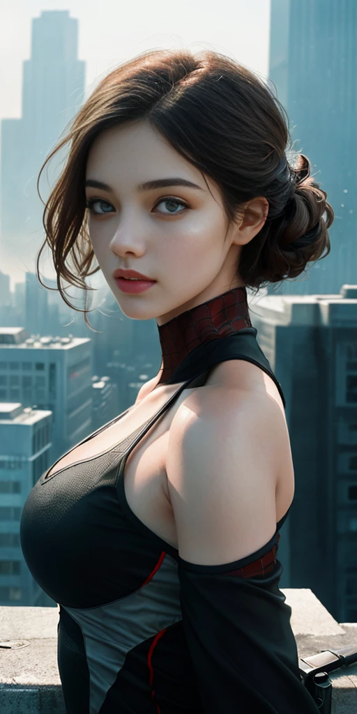 (1 girl:1.3), alone, (((Very detailed face)))), ((very detailed eyes and face)))), beautifulディテールの目, body parts__, official art, unified 8k wallpaper, Super detailed, beautiful and beautiful, beautiful, masterpiece, 最high quality, original, masterpiece, ultra-detailed photos, 最high quality, ultra high resolution, realistic realism, sunlight, Upper body、amazing beauty, dynamic pose, delicate face, lively eyes, (from the front), She wears a Catwoman suit, Red and black color scheme, Highly detailed city roof background, rooftop, overlook the city, detailed face, Detailed complex and busy background, Messy, nice, milky, highly detailed skin, realistic skin details, visible pores, clear focus, volumetric fog, 8K UHD, Digital single-lens reflex camera, high quality, film grain, Fair skin, photorealism, lomography, Futuristic dystopian megalopolis, translucent