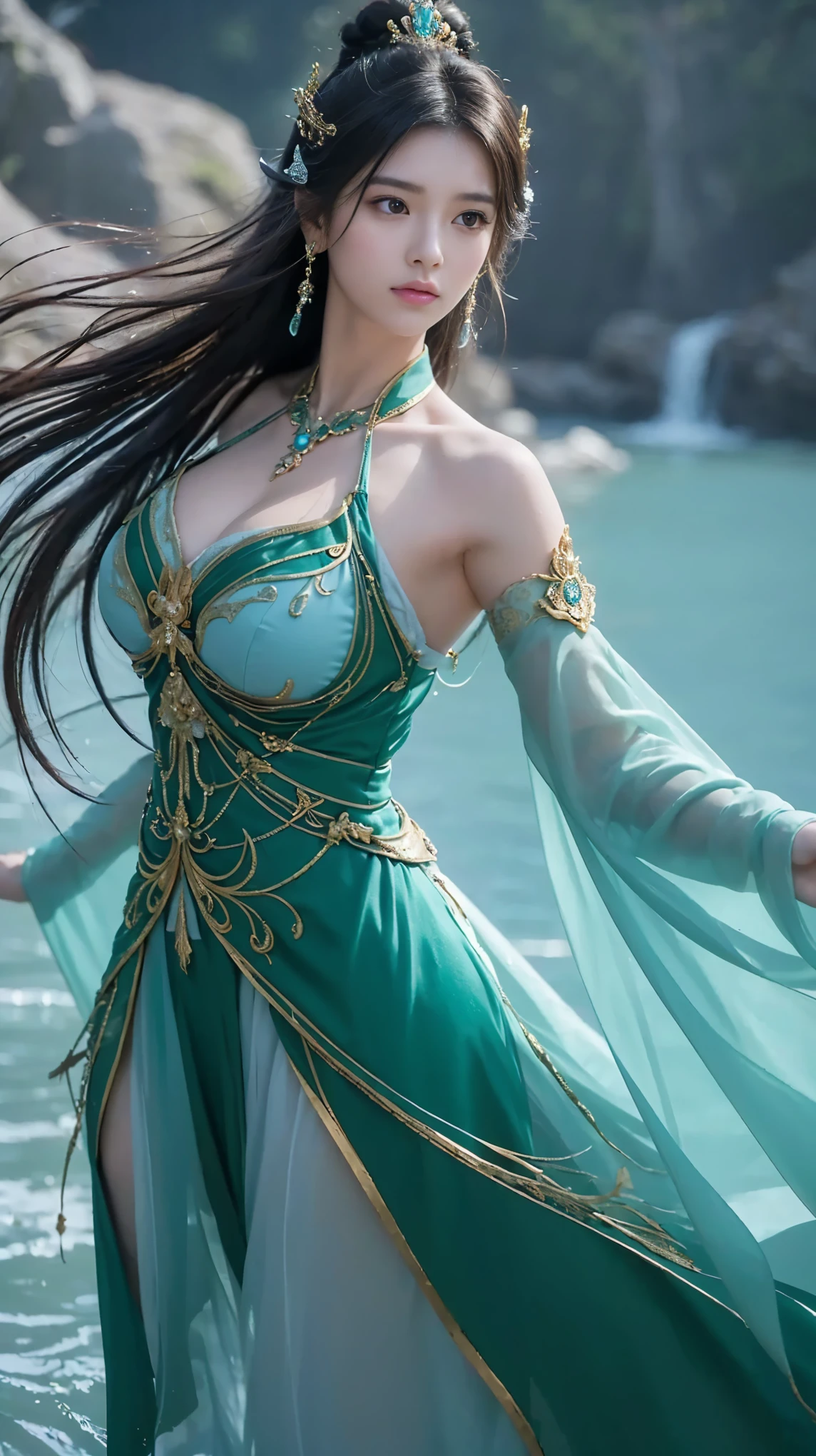 (Jade Beauty:1.1,Peerless Goddess:1.1,black hair:1.1,Enchanting eyes:1.1),(Best Quality,4k,8K,hight resolution,Masterpiece:1.2),Ultra-detailed,(Realistic,Photorealistic,photo-realistic:1.37),portrai,Vivid colors,Lush green environment,natural lighting,serene atmosphere,Graceful posture, perfect hand, Detailed finger, beautiful detail eyes, hairlong, Dressed in a translucent slit, translucent clothes, Face of the Goddess, Detailed Face, (((tmasterpiece))), (violet eyes:1.2)