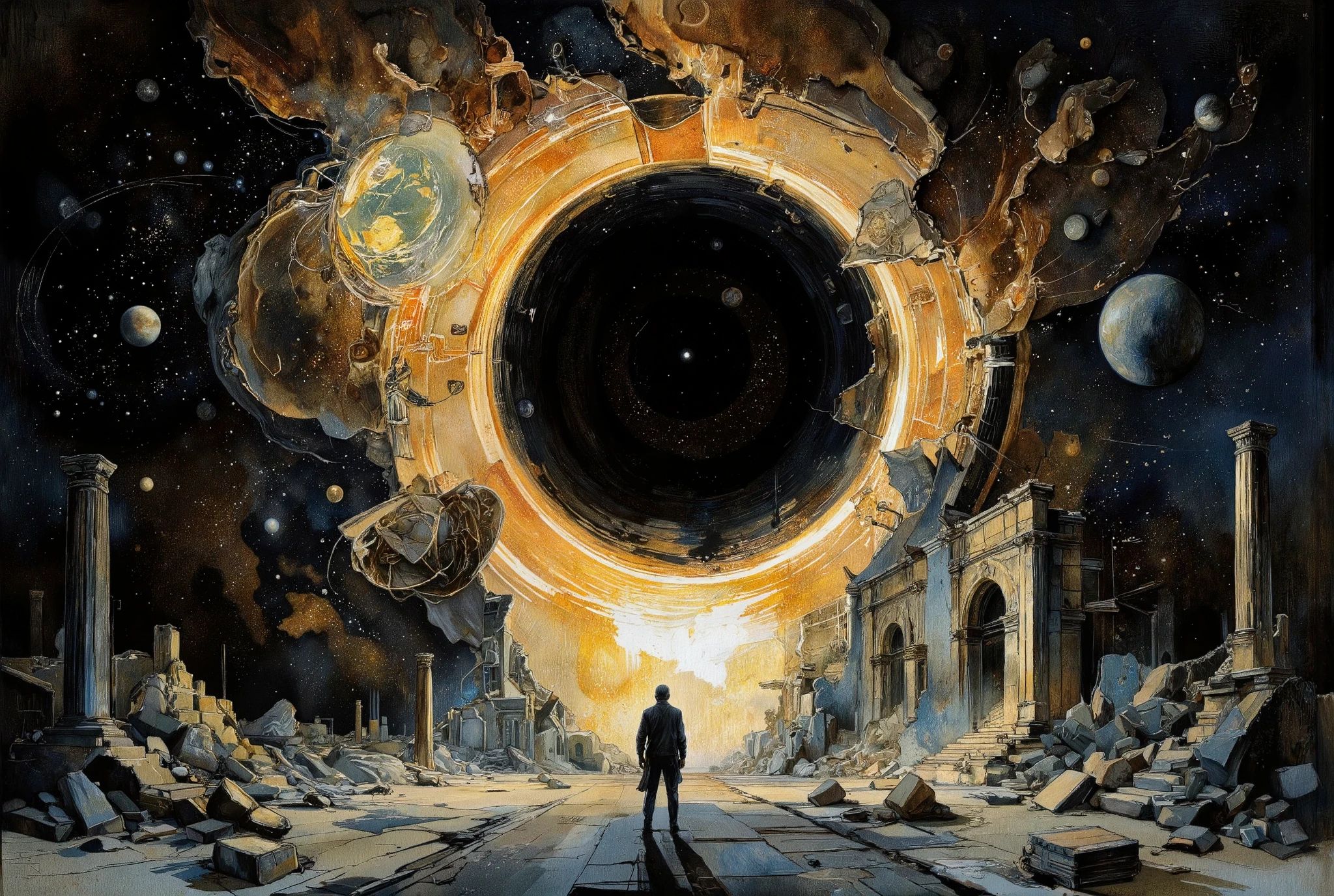 A hauntingly beautiful comic book illustration by Greg Rutkowski. A cosmic canvas showcases a supermassive black hole's grasp on the fabric of spacetime, as if the very threads of existence are unraveling. A nearby planet, once serene, is now being rent asunder by gravitational waves' crushing force. Against this backdrop, an alternate reality gateway begins to take shape, bathed in warm, golden light that highlights textures and dimensions with chiaroscuro nuance. This terryfying spectacle is watched form surface of Earth, by single figure as civilisation around it crumbles. The overall atmosphere is one of awe-inspiring horror and wonder, as if witnessing the universe's most profound transformation.