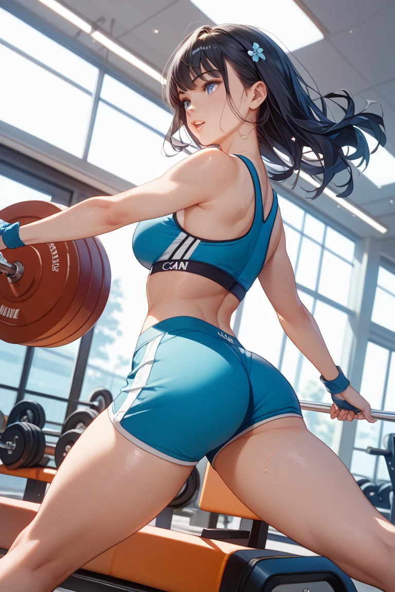 POV: ((very slim)) Riley Reid, ((((huge lifted accentuated ass)))), (masterpiece), (beautiful face), smiling, 8k, (8k), (blue eyes), (best resolution), (best quality), hot gym outfit, (full body photo), at the gym entrance, (curvy silhouette), ass cutout