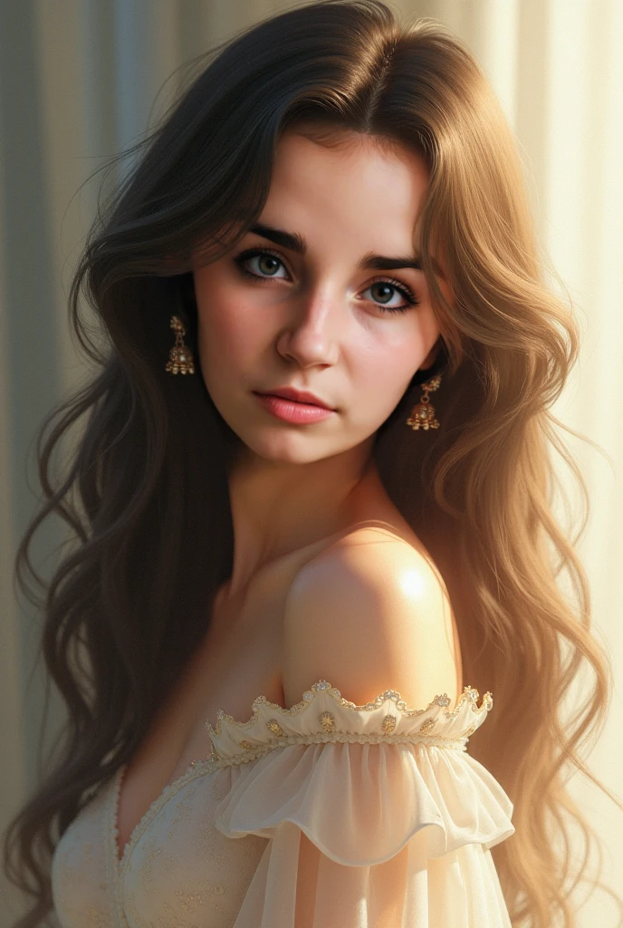 1girl, beautiful teenage girl, very small breasts, short wavy brown hair, portrait, oil painting, modern, realistic proportions, intricate, intricate details, sharp focus