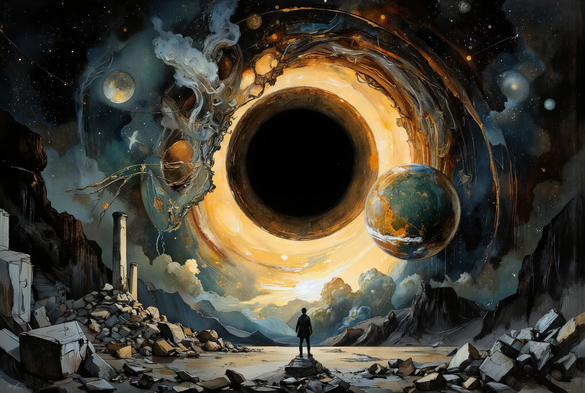 A hauntingly beautiful comic book illustration by Greg Rutkowski. A cosmic canvas showcases a supermassive black hole's grasp on the fabric of spacetime, as if the very threads of existence are unraveling. A nearby planet, once serene, is now being rent asunder by gravitational waves' crushing force. Against this backdrop, an alternate reality gateway begins to take shape, bathed in warm, golden light that highlights textures and dimensions with chiaroscuro nuance. This terryfying spectacle is watched form surface of Earth, by single figure as civilisation around it crumbles. The overall atmosphere is one of awe-inspiring horror and wonder, as if witnessing the universe's most profound transformation.