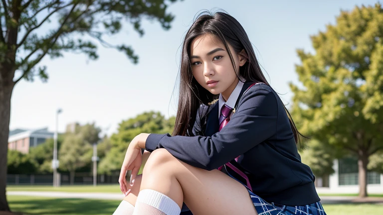Thai, ponytail, white collared shirt, Long sleeve shirt,  necktie, pleated skirt, dark blue long skirt, white socks, black loafers,   Thighs look good, squatting down, open leg to side, showing her panties