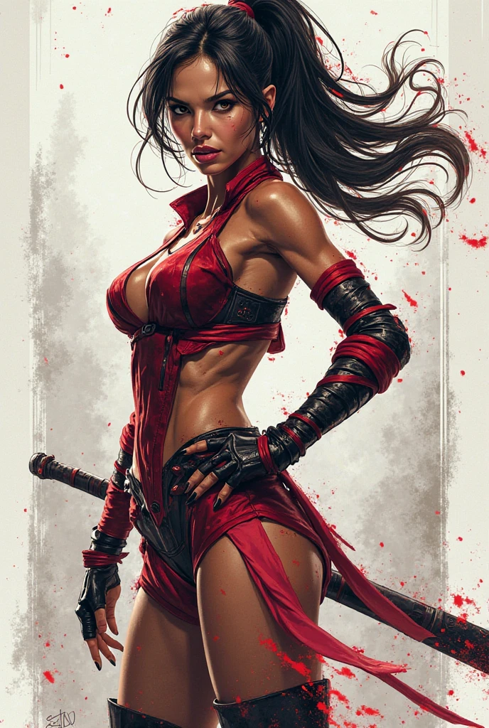 Woman light green eyes big breasts thin waist wide hips big butt thick thighs ripped red mini dress Warrior with sword under heavy rain with strong wind 