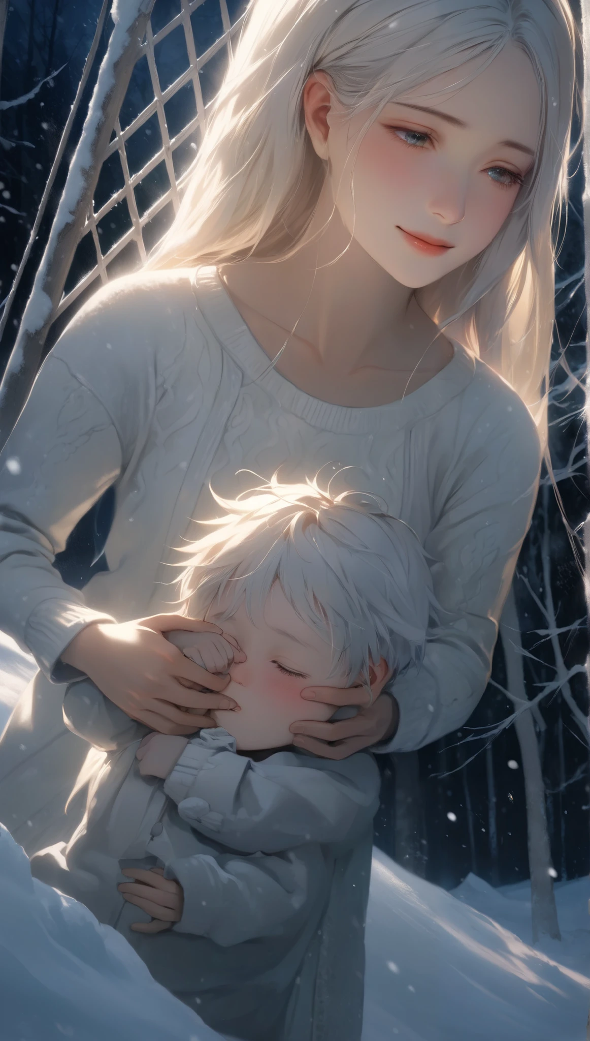 Extreme Resolution, illustration, Warm embrace, An Exhausted Mother Hugs Her Son Strongly , Relief Overflowing from a Sense of Loss , Miraculous Rescue Drama , My son who got frostbitten is shedding tears from joy, Cold appearance , Revived Happiness , Dramatic Resurrection , in a snowy landscape shrouded in darkness , dark winter background , A dramatic reunion, Hope Produced by Light Illuminating the Darkness , Please use the concept theme of happiness that has survived from despair, A Warm Scene Where Viewers Shed Tears , Producing Light Expressing Impression , Aesthetics created by colorful transparent light, High color rendering transmittance spectrum, Realistic Fantasy, Artistic New World, ROUGH, BREAK The boy's face is red and swollen from frostbite , \ I wandered into a snowy mountain and was in distress , he sheds emotional tears at his reunion with his mother \, Soft light that blesses the warm bond between two people , super realism, BREAK Please create a frigid scene and 、 symmetrical warming bonds