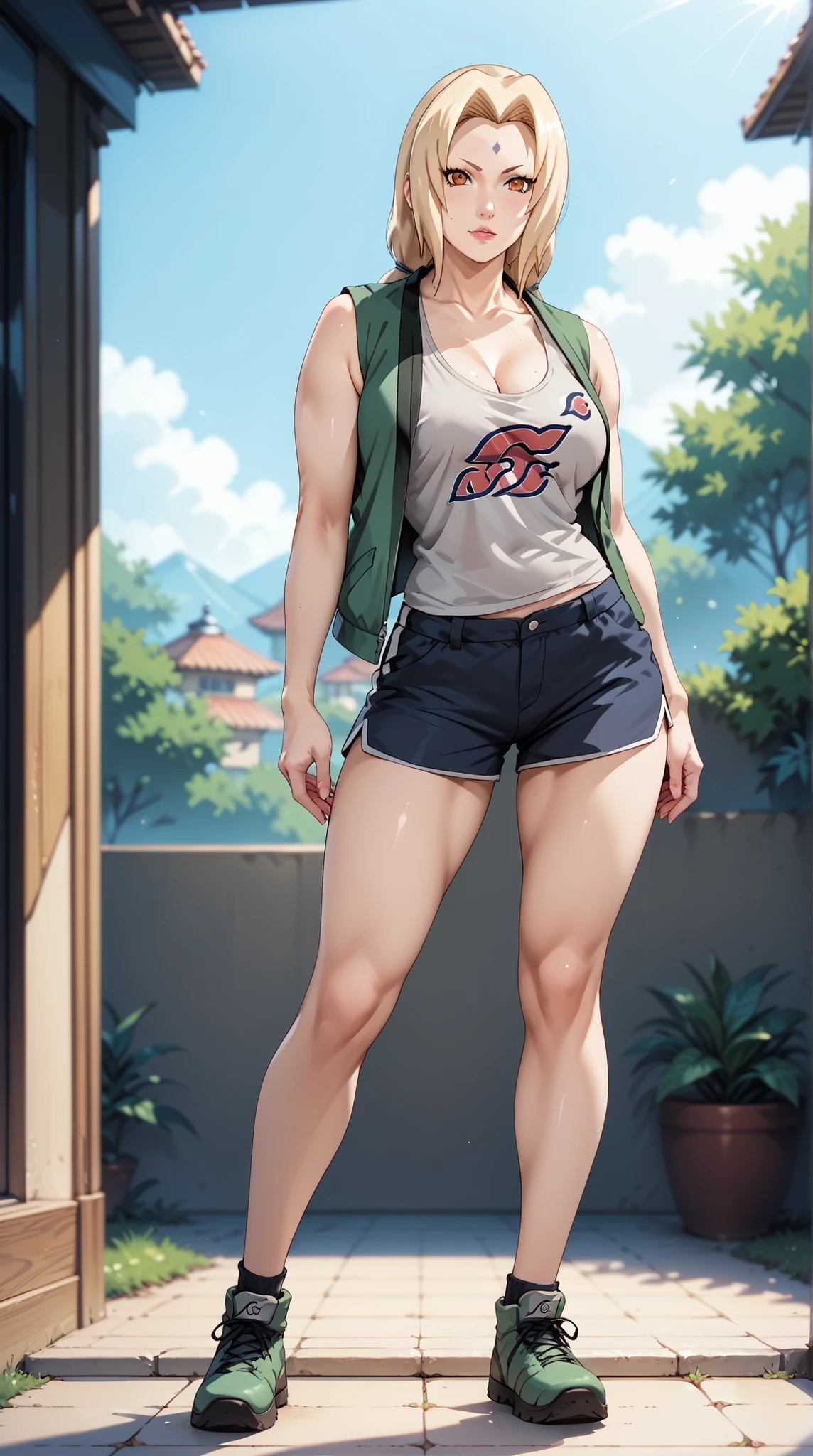 Tsunade(Naruto),Tank top, vest,front, stands,full body,((Best Quality)),(( masterpiece)),Clogs,E Cup,leg,露出leg,sexy,Healthy body
