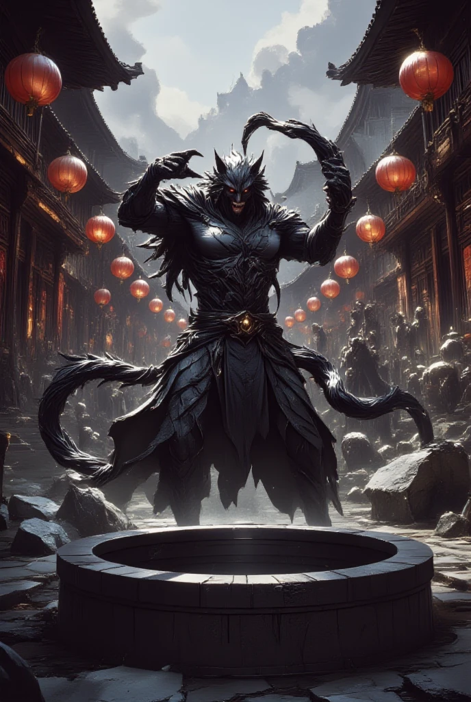 (sfw:1.5), male focus, Handsome 1boy, solitary，protrait photo, (White eyebrows:1.4), single, (Black horn, Dark gray curved corners:1.4), (深灰色的Dragon Wing, Dragon Wing:1.4), (Black nails, Black claws:1.4),(Dark gray hands:1.4), grey skin, grey fur, Gray skin, (深灰色的Tail:1.4), (Perfect blue eyes:1.4), (grey body, Dark gray body:1.3), Black whites of the eyes, (Dark gray dragon scales, 深灰色的Scales:1.4), (Pure white chin, Pure white neck:1.1), (Pure white chest:1.2), 
Black Dragon, feet, black dragon, dragon boy, dragon body, (big eyes, large eyes:1.4), (Dragon Tail, Tail:1.4), Dragon Wing, Dragon Horn, Scales, (Chubby, The body is huge, Larger face:1.3), 
(Hanfu:1.4) , (Black robe:1.4), (Dark blue texture:1.3), Robe fluttering in the wind, Long sleeve, (Dark blue belt:1.2), (Tang Dynasty Black Cloth Boots:1.4), (Lots of scars, lots of scars, Lots of scars:1.3), 
(full body:1.3), (Mature men:1.4), (Strong body, muscle,Strong male, muscle男:1.3), (look up, Standing:1.4), (Looking at the audience, Focus, Eyes gaze:1.2), (arrogant, arrogant, serious, serious, calm, reason, frown:1.4), 
full background, street, confusion, Street Lights, (heavily clouded, cloudy day, remote and desolate, Dim environment:1.3),
Mysterious and romantic atmosphere, Caustic lines(refraction, polarization)Perfect anatomical structure, absurd, Detailed background, (Delicate eyes:1.3),Printing style。((artist:Takemoto Arashi))
(Hanfu:1.4) , (Black robe:1.4), (Long sleeve:1.4), (Dark blue texture:1.3), Robe fluttering in the wind, Long sleeve, (Dark blue belt:1.2), (Tang Dynasty Black Cloth Boots:1.4), (covered in wounds, Lots of scars, lots of scars, Lots of scars:1.3), 
(full body:1.3), (Mature men:1.4), (Strong body, muscle,Strong male, muscle男:1.3), (look up, Standing:1.4), (Looking at the audience, Focus, Eyes gaze:1.2), (arrogant, arrogant, serious, serious, calm, reason, frown:1.4),(Smile, The corners of the mouth are slightly upturned:1.4), 
full background, street, confusion, Street Lights, (heavily clouded, cloudy day, remote and desolate, Dim environment:1.3),
Mysterious and romantic atmosphere, Caustic lines(refraction, polarization)Perfect anatomical structure, absurd, Detailed background, (Delicate eyes:1.3),Printing style。((artist:Takemoto Arashi))