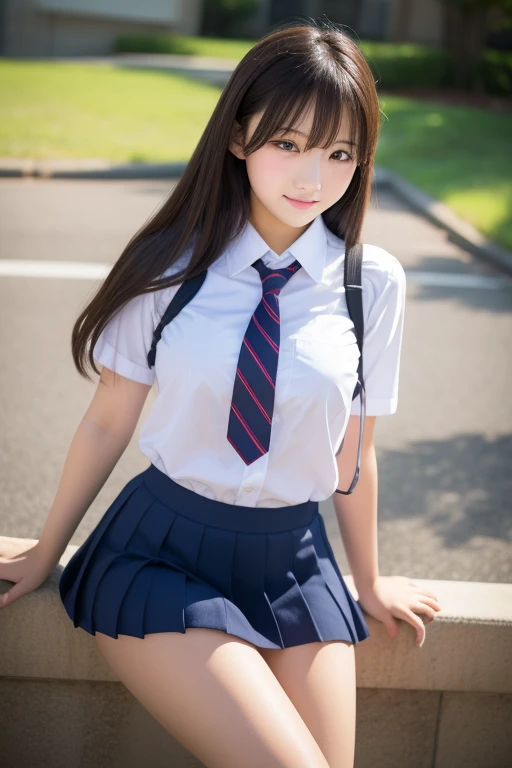 Pure Japanese school girl, no makeup, thick eyebrows, wearing uniforms, natural hair styles, pure smile, natural body, shiny white skin, refreshing in early summer morning sunlight, feeling soft breeze in hair, sitting and relaxing, lift up skirt, panty, little bit sexy mood, sexual attractive, panty, professional portrait photography, composition from the front,