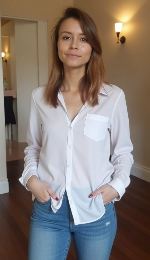 Arafed woman in a white shirt and jeans standing in a room, 3 0 years ...