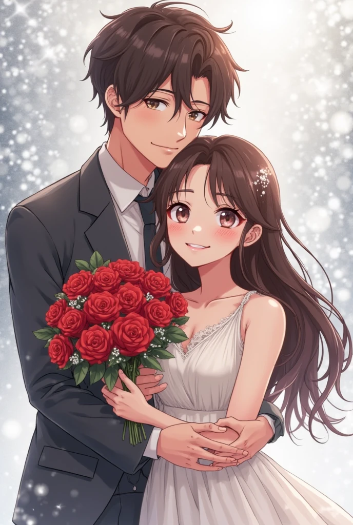 An attractive couple poses lovingly for a Valentine's Day day themed photo shoot together. This man is very handsome, The woman is very beautiful. It's people々Whether, and surrounding areas, Very detailed, High resolution, crisp, concentrated. Valentine's Day, pink, High Contrast, Vibrant colors, sakura trees and blossoms pink
