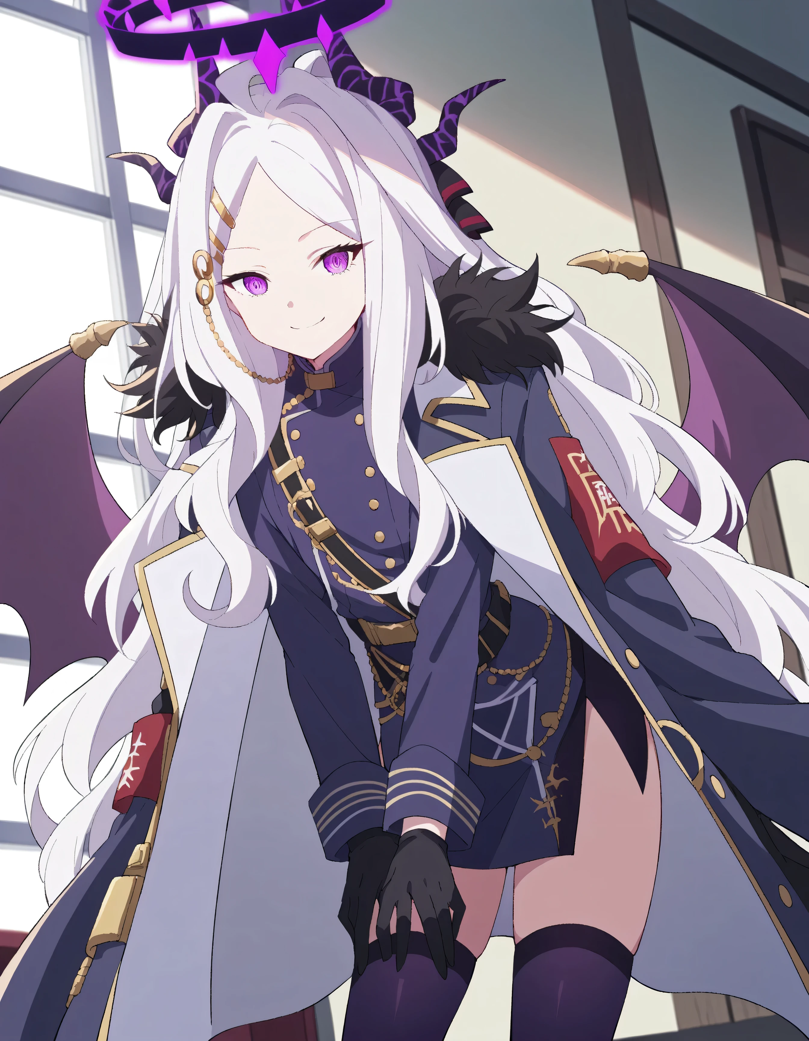 score_9, score_8_up, score_7_up, source_anime, hina sorasaki, purple eyes, white hair, halo, ahoge, parted bangs, long hair, very long hair,, armband, black gloves, coat, coat on shoulders, demon horns, demon wings, fur collar, gloves, hair ornament, horns, long coat, military uniform, miniskirt, multiple horns, side slit, thighhighs, uniform, wings, zettai ryouiki,, indoors, bent over, smile,, looking at viewer, solo, cowboy shot, dutch angle