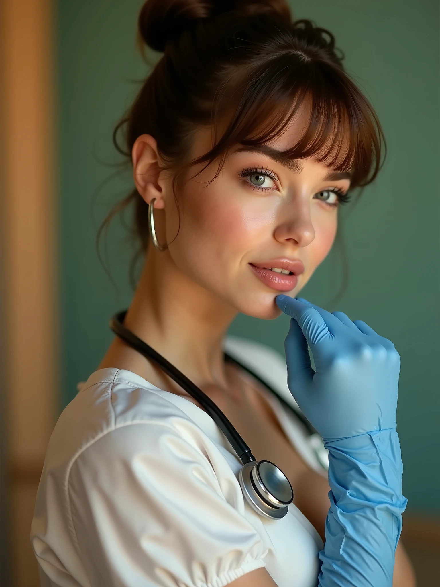 Playboy magazine photo shoot. ((her right hand is raised near her face, she pinches the edge of her right glove near her right twrist with her left hand)). A light brown hair woman, age 20, dark blue  eyes, bangs and bun.White medical dress. epic cleavage. 44dd natural perky saggy breasts. She has a stethoscope on her ears ， wears blue latex gloves. Eye contact. Smirking. Perfect hands.perfect fingers. Perfect composition. Rule of thirds. Professional lingerie model sexy, sensual pose. Left part of the image is covered by orange hues while the right part is made of green hues.