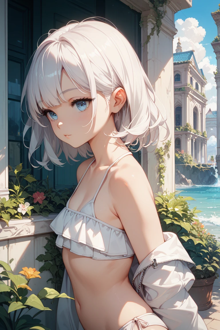 anime girl ,short white hair,wearing Halter dress top,have small breasts, sea , Elif