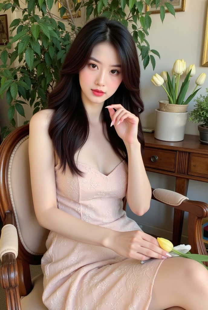 A beautiful asian and young girl.Her facial features are exquisite and fully conform to the golden ratio of human anatomy...Her long,straight long black hair, Big breasts, huge chest, fat body, beautiful scenery, big breasts, big, big tits, busty , big breast, big , wearing a sexy dress, sexy pose , big breasts , big breasts, huge , full body shot,