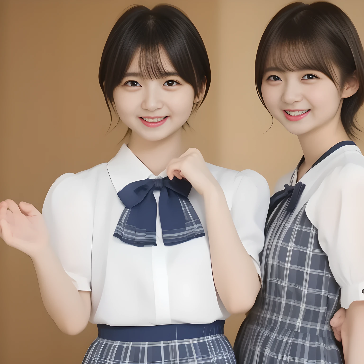 (masterpiece, best quality:1.2), High resolution, 1080P, 8K, 1girl, solo, ((Too beautiful three rich (young beauty & noble & gorgeous fashion magazine model idols))) are facing center. All the girls are noble, neat, intelligent and beautiful slender, maximum laughter of happiness, neat seducing uniform and skirt: 1.8), (Incredibly well organized pure white face, Glossy lips, Very long black beautiful straight hair like a hair model, Pure and clear wet eyes, (((Noble and neat and noble))) Japanese school uniform, (huge red glossy cute school ribbon bow-tie), girly & fluttering ((frilled gorgeous expensive white school blouse)), (puffed sleeves), (white cutest well-pleated noble (well-checkered navy-blue skirt)): 1.9) ,(beautiful legs, white socks and school loafers), (Using expensive face-whitening cosmetics to make her skin more beautiful and pure by professional makeup artist: 1.0), (The 3 neat beautiful girls know well about the viewer's super fetishism for school uniforms, and satisfies it completely with skirt: 1.0), (well detailed face and seducing eyes: 1.8), (All the girls are extending the hands to the center, and giving a material extreme happiness of beautiful hands and skirt: 1.5)