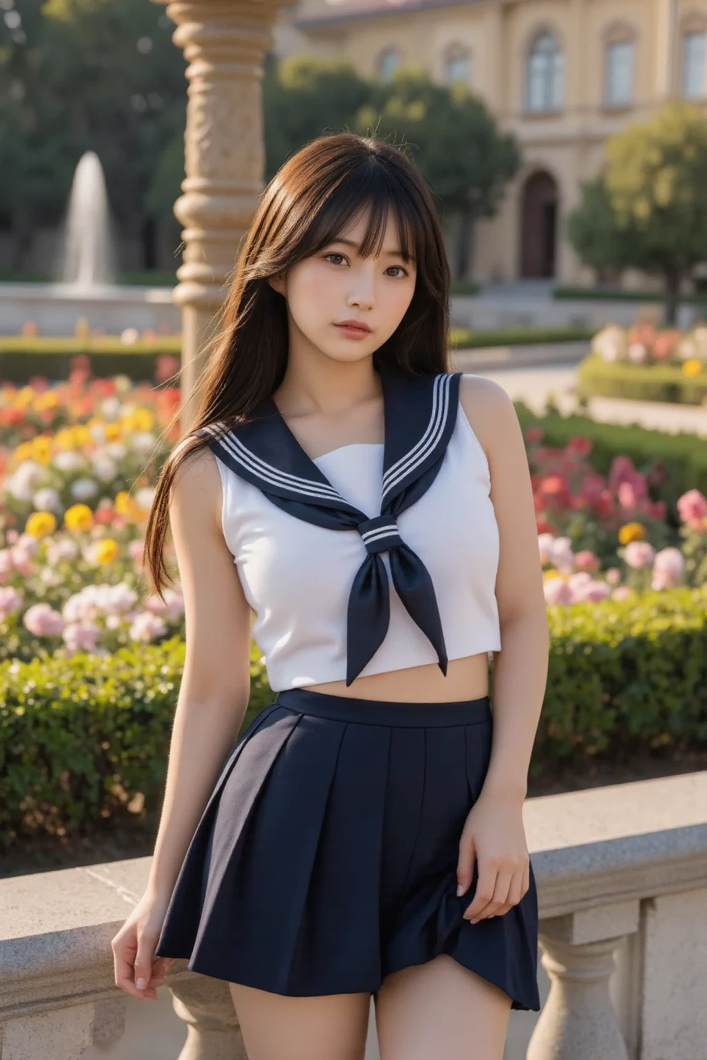 smile、((Browsing Caution))、((Female organ:1.1))、(masterpiece, Best image quality:1.2), 8k, 16 years old, beautiful girl, (When I lifted up my short navy blue skirt, Her bare underbelly is visible.、I can see your crotch:1.8)、Short sleeveの白シャツ、Cute Face、 Body Shot、 (Navy Pleated Skirt:1.1)、Thighs、Short sleeve、sunset、Orange light、Tucked up skirt