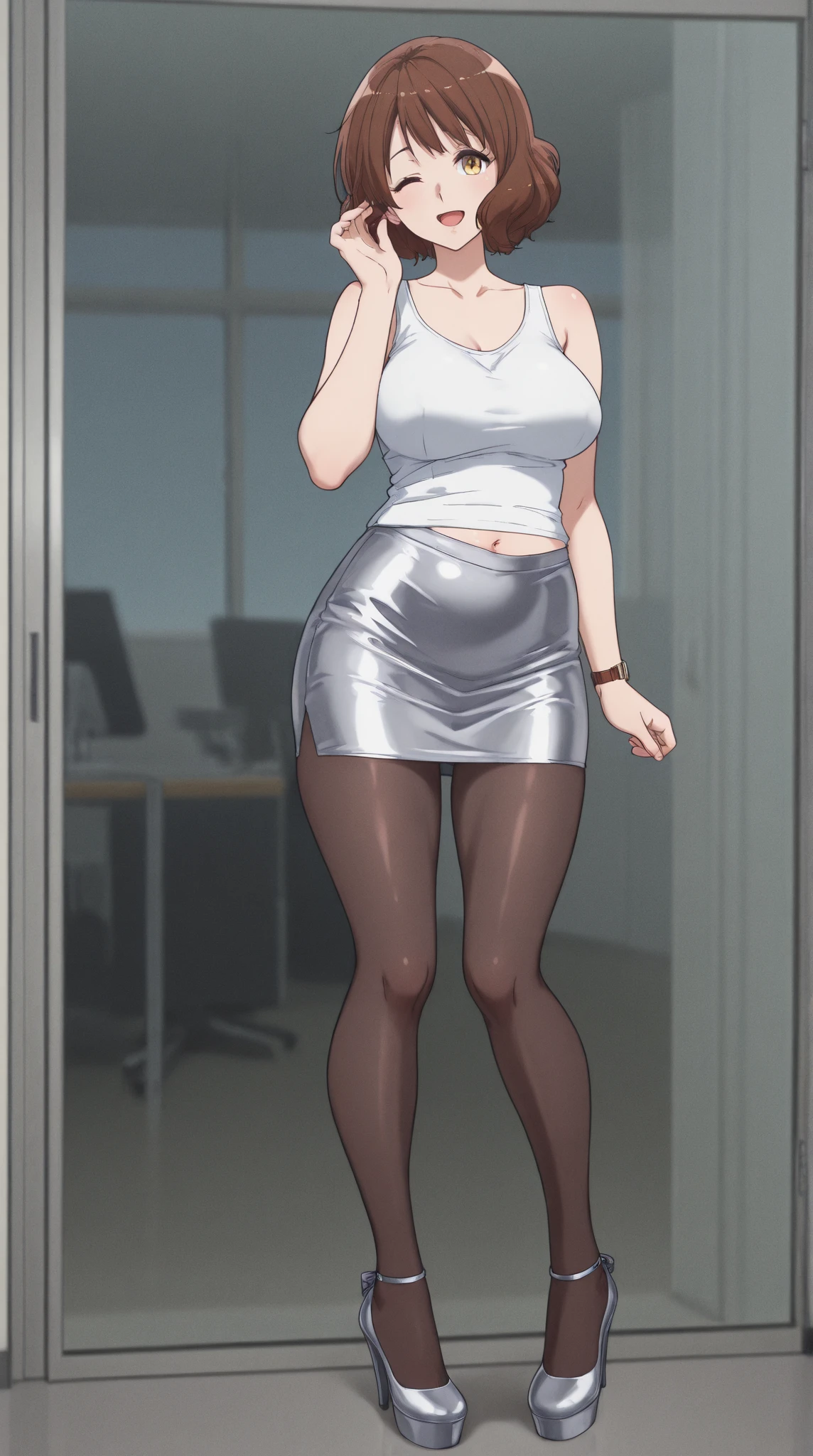 Score_9, score_8_up, score_7_up, source_anime, 1girl, solo, ((dark pixie haircut)), office background, pale, mature female, milf, wearing a sleeveless business suit, wearing a blue pencil skirt, green eyes, blonde hair, crotch, thighs, standing, ((one hand holding a book)), legs spread, ((wearing high heels)), dark leggings