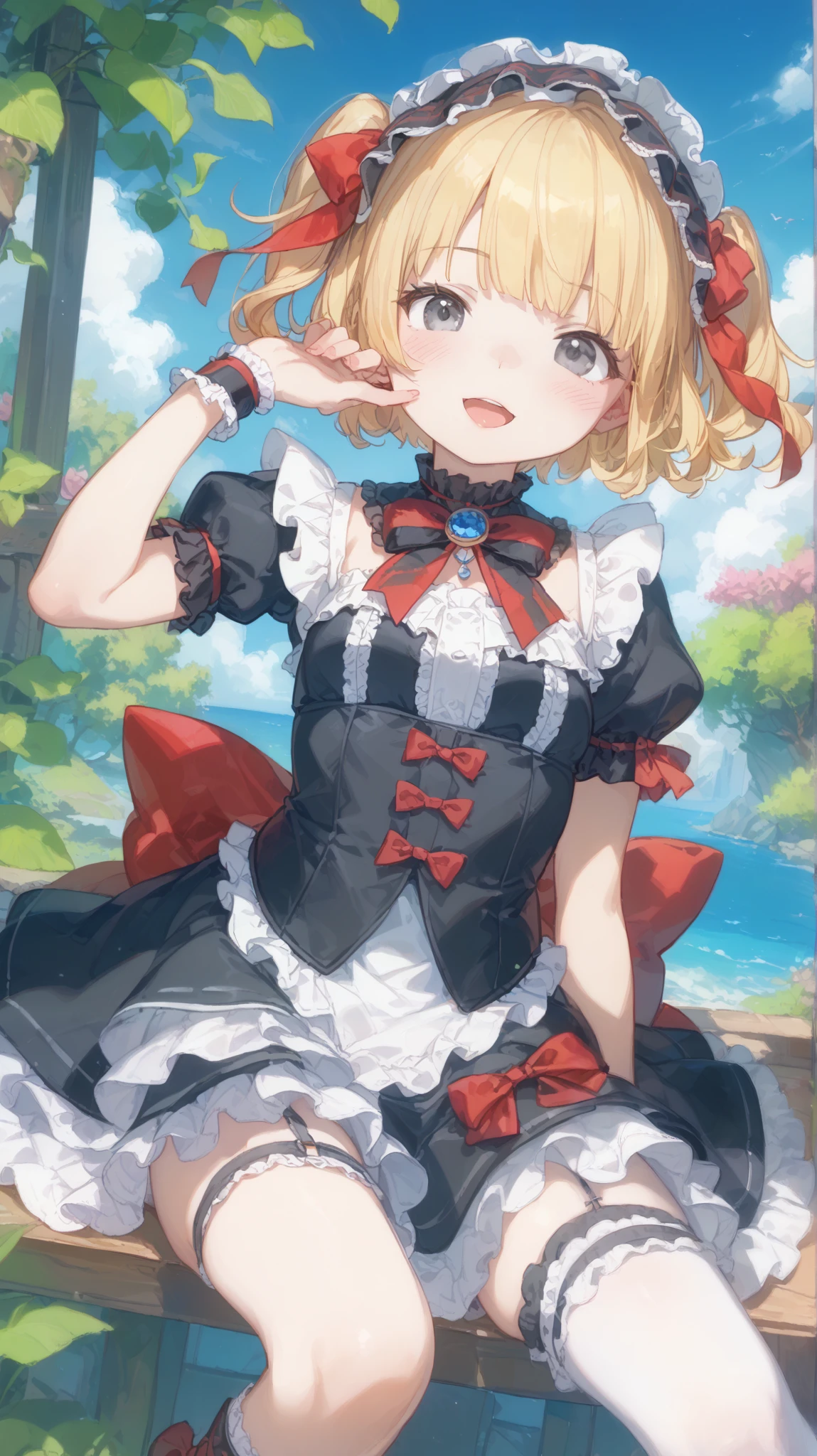 (top quality、masterpiece、Very Detailed、one girl、cute face、 silky short blonde 、(((Short hair in twin tails、)))、gray eyes、From the knee up、gothic ta fashion、very fine eyes、Small red cheeks and nose、cute face、