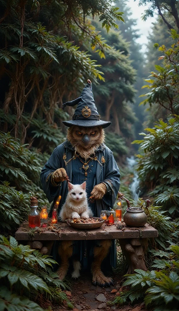 an owl in dense forest dressed as a wizard and hat is making potions, a white cat sitting beside him and looking at him