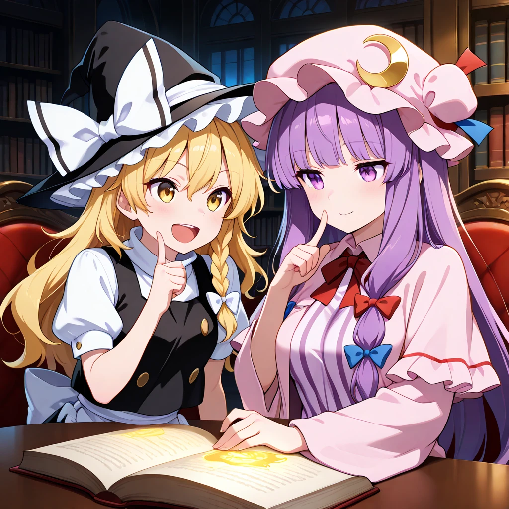(masterpiece, best quality), (absurdres absolutely resolution), (8k), (detailed eyes:1.3), (beautiful eyes:1.3), (detailed illustration), (super fine illustration), (vibrant colors), (professional lighting), 8k, high res, dynamic, lively, (nice hands, perfect hands), 2 girls, pair, kirisame marisa, blond hair, long hair, fluttering hair, single braid, black witch hat, hat ribbon, yellow eyes, smile, open mouth, white shirt, white sleeves, short sleeves, puffy sleeves, black vest, put one hand on your cheekm put your elbows on the table and point your index fingers up, BREAK patchouli knowledge, purple hair, long hair, purple eyes, smile, closed mouth, white mob cap, crescent hat ornament, ribbon, white dress with purple stripes, light pink long cardigan, stand on your elbows, put your hand over your mouth, BREAK look at each other, read a book together, magic book, glowing book, flying white glowing butterfly, basement library, from front, upper body, score_9, score_8_up, score_7_up, source_anime, luminous reflections, HDR-like contrast, vibrant color palette, glowing lights, vibrant reflections, surreal lighting, HDR effect, cinematic vividness, intensely saturated lighting effects, 4k, 8k, Ultra HD, Masterpiece :1.2, Best quality :1.2, Detailed :1.5, Detailed background :1.5, light, shine colorful,