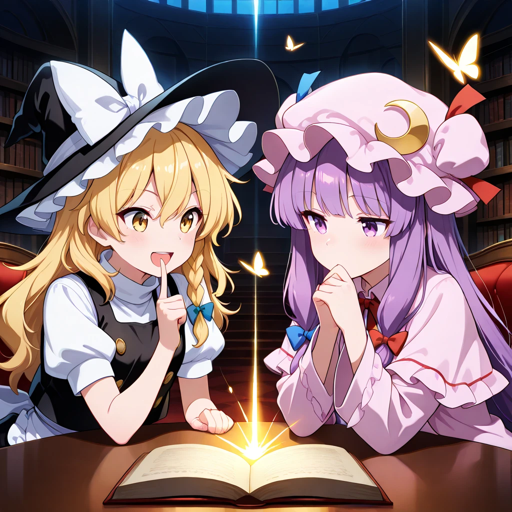 (masterpiece, best quality), (absurdres absolutely resolution), (8k), (detailed eyes:1.3), (beautiful eyes:1.3), (detailed illustration), (super fine illustration), (vibrant colors), (professional lighting), 8k, high res, dynamic, lively, (nice hands, perfect hands), 2 girls, pair, kirisame marisa, blond hair, long hair, fluttering hair, single braid, black witch hat, hat ribbon, yellow eyes, smile, open mouth, white shirt, white sleeves, short sleeves, puffy sleeves, black vest, put one hand on your cheekm put your elbows on the table and point your index fingers up, BREAK patchouli knowledge, purple hair, long hair, purple eyes, smile, closed mouth, white mob cap, crescent hat ornament, ribbon, white dress with purple stripes, light pink long cardigan, stand on your elbows, put your hand over your mouth, BREAK look at each other, read a book together, magic book, glowing book, flying white glowing butterfly, basement library, from front, upper body, score_9, score_8_up, score_7_up, source_anime, luminous reflections, HDR-like contrast, vibrant color palette, glowing lights, vibrant reflections, surreal lighting, HDR effect, cinematic vividness, intensely saturated lighting effects, 4k, 8k, Ultra HD, Masterpiece :1.2, Best quality :1.2, Detailed :1.5, Detailed background :1.5, light, shine colorful,