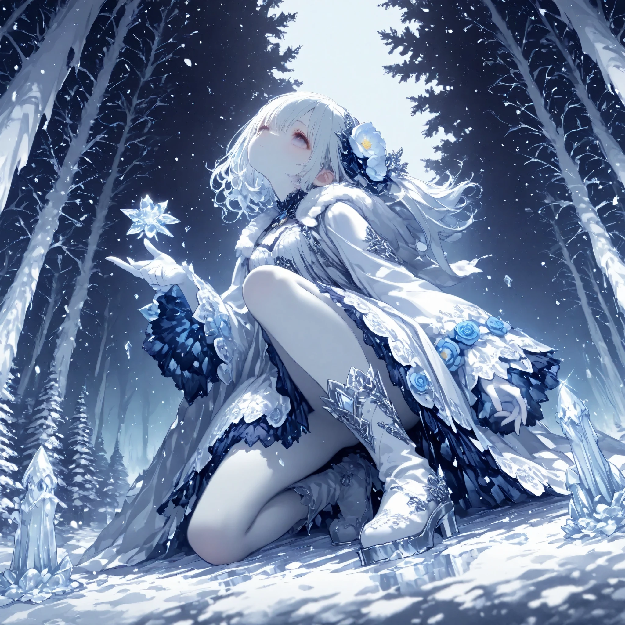 low-angle, 1girl\(piercye \(shadowverse\)\), seated gracefully with one knee up, offering a delicate hand gesture, floating ice crystals around her, snowy palace garden with decorated railings, curtains, and ice sculptures, distant pine forest under a twilight sky, vibrant roses blooming in the cold, Fantasy style, Glazing technique, Chiaroscuro, Bloom Effect, Snow Frost, ultra-detailed, masterpiece
