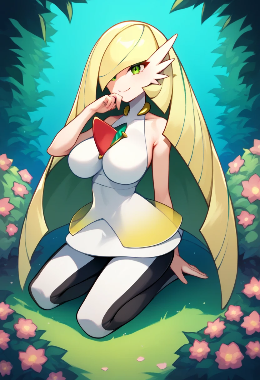 ((highest quality)), ((masterpiece)), (be familiar with), perfect face,{nsfw},Lusamine,Slender,slender,long blonde hair,small breasts,pointed nipples,adult women,green eyes,Pokémon-like,White sleeveless dress,Knee-high boots,Green Pendant,Bewitching
