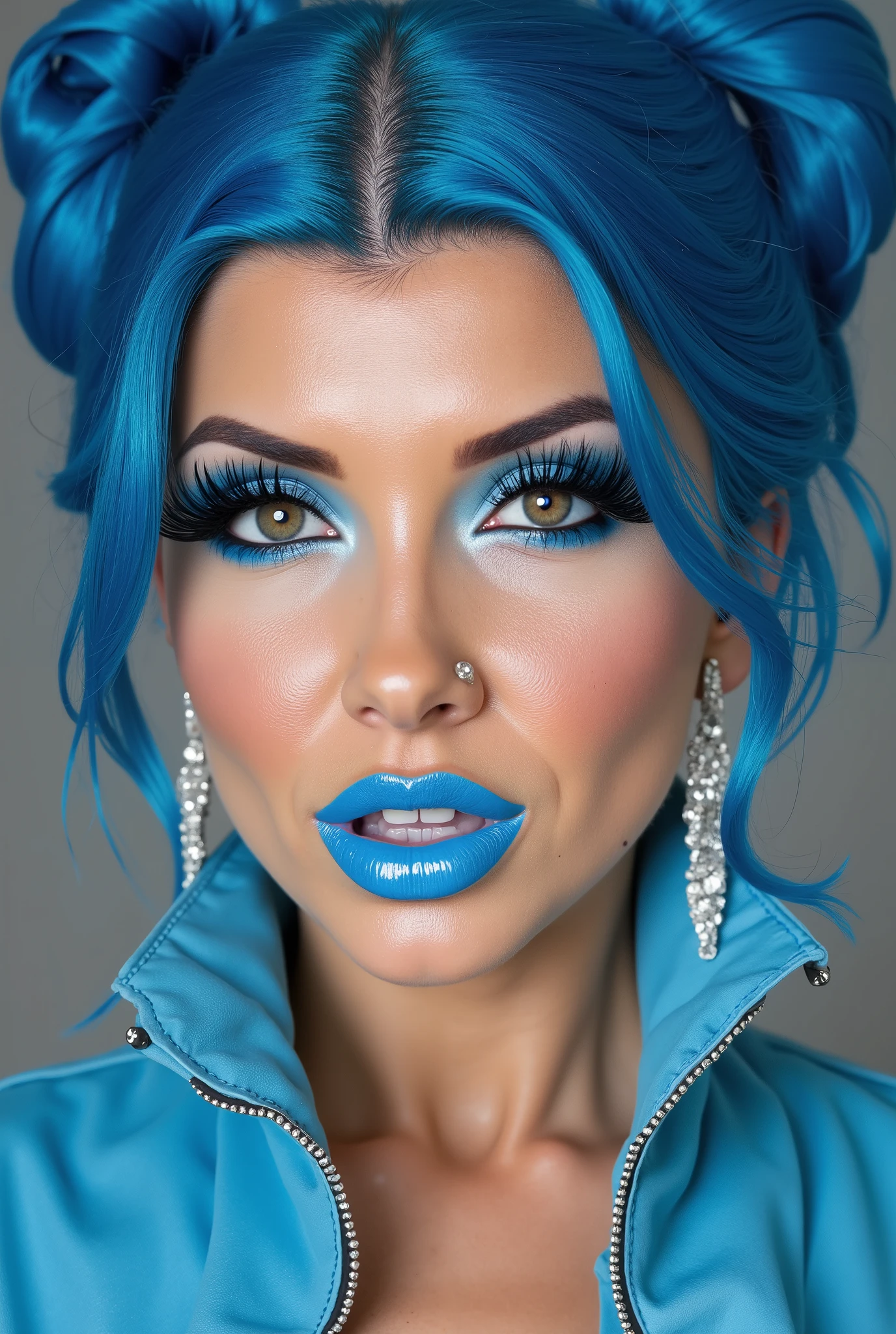 incredibly long and voluminous false eyelashes, bright blue makeup, blue hair , diamond earrings , collar, blue lips, her lips are pursed., bow shaped hair ,