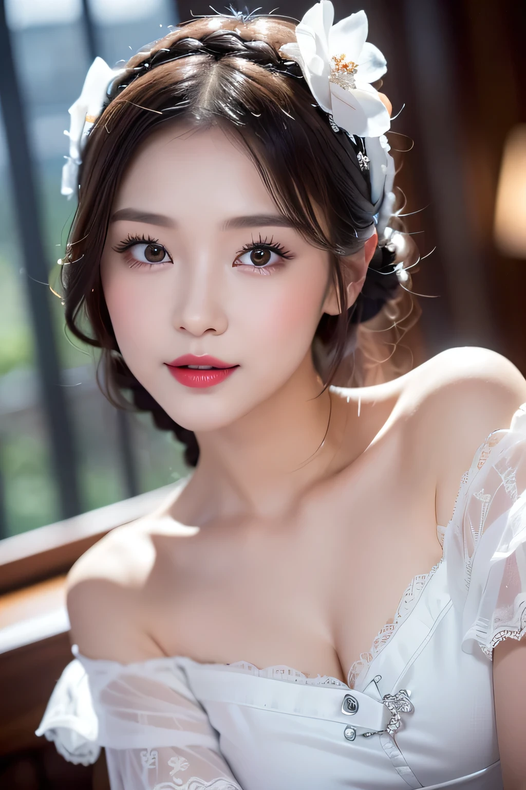 Her face is detailed and beautiful、The eyes are detailed and beautiful、The nose is detailed and beautiful.、The ears are detailed and beautiful.、The fingers are detailed and beautiful.、The arms are detailed and beautiful.、The mouth is detailed and beautiful.、The white teeth are detailed and beautiful.、Skin is detailed and beautiful、The nipples are detailed and beautiful.、The areola is detailed and beautiful。She's wearing angel underwear、In a beautiful love hotel。Her figure is full of high quality and luxurious elements.、Highly detailed and rendered in ultra-realistic 8K resolution。Perfect Face、Beautiful expression、Her beautiful eyes stand out、Wet black hair、Large Breasts、Wearing shiny clothes、Taking a sexy pose。The skin is perfect and clean、It is a professional artwork.、It has a luxurious feel that can be called a masterpiece.、Finished in the highest quality 4K。smile、Show white teeth、Beautiful teeth alignment、Full Body Shot