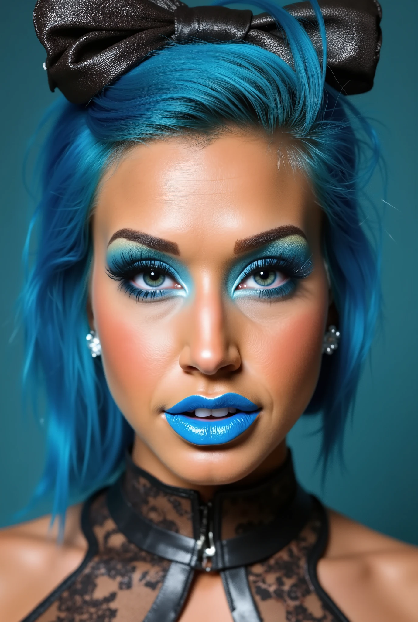 incredibly long and voluminous false eyelashes, bright blue makeup, blue hair , diamond earrings , collar, blue lips, her lips are pursed., bow shaped hair ,