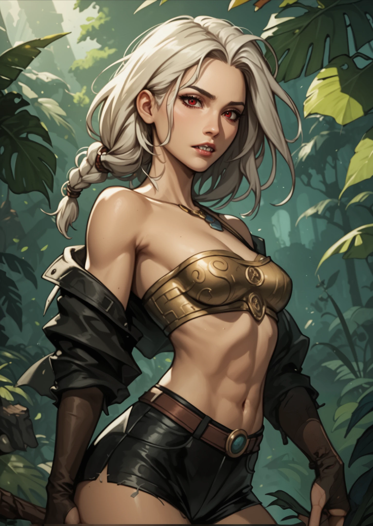 masterpiece, HD , great quality, very aesthetic, absurd, high contrast , high color palette , light glare ,Latest ,2.5D,Volummetric lighting, Sweet, jung, 1 girl, aztekisch, small breasts, red eyes,athletic body, aztekisch, white hair strands, look at the viewer, medieval leather clothing, Dreadlocks, shy, Anime shark teeth, background: jungle and Aztec ruins