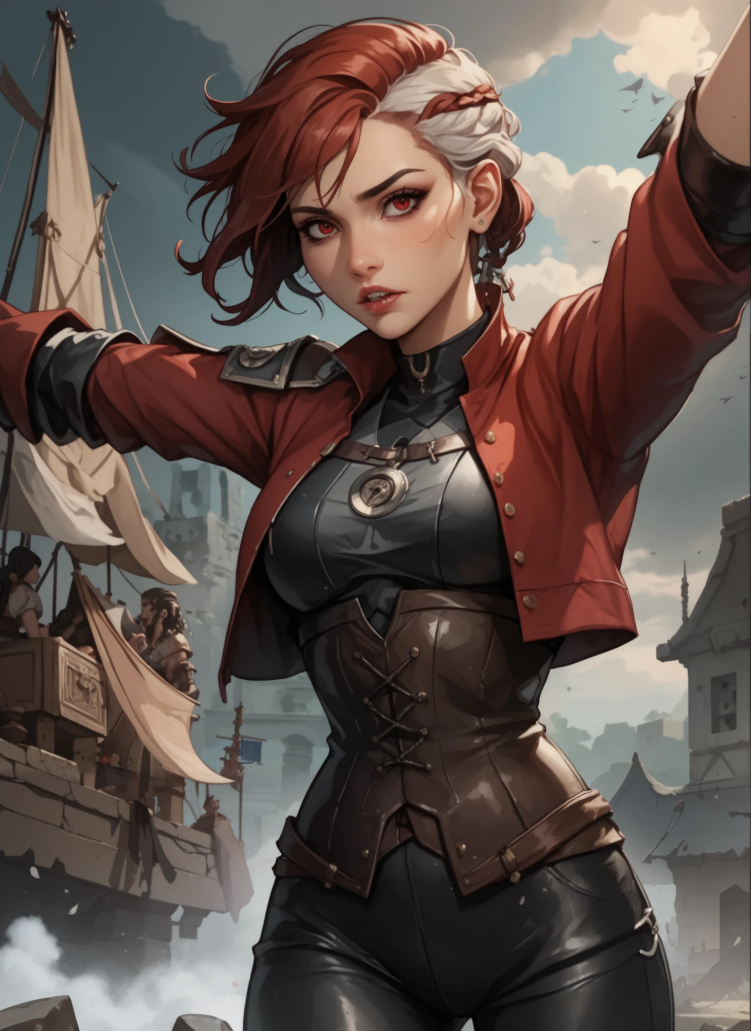masterpiece, HD , great quality, very aesthetic, absurd,  high contrast ,  high color palette , light glare ,Latest ,2.5D,Volummetric lighting, Sweet, jung,  1 girl, aztekisch, small breasts, red eyes,athletic body, aztekisch, white hair strands, look at the viewer, medieval leather clothing, Dreadlocks,  shy, Anime shark teeth, background: jungle and Aztec ruins