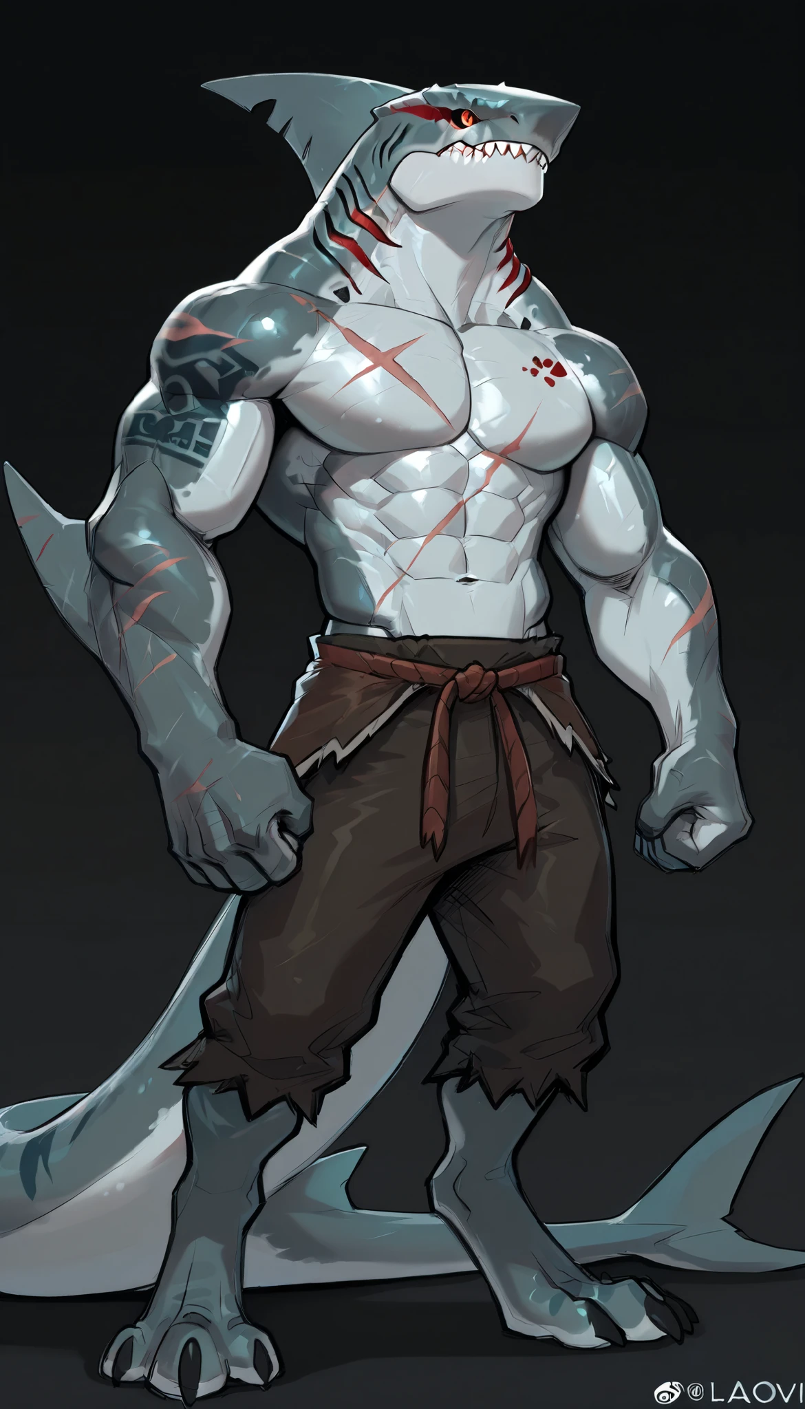 sharkman, anthro megalodon, darker hands and fins, solo, big arms, bara, detailed skin, lizard shark hybrid, anthro, closed mouth, polynesian tattoos, tattoos covering arm and shoulder, detailed scalie skin, scalie arms, fins on arms, gray color body, beefy, thick scales on arms, digitigrade legs, bulky body, light musclegut, proporcional body, mercenary pants, wide chest, scars, marked jaw, 4 toes, thick shark tail, The design incorporates elements from various shark species, such as the dorsal fin, sharp teeth, and muscular build, best quality, sketch, ultra-detailed, by laobai, by honovy, by Riolutiny, detailed illustration of 4K horror, standing ready to fight, dark background, side view