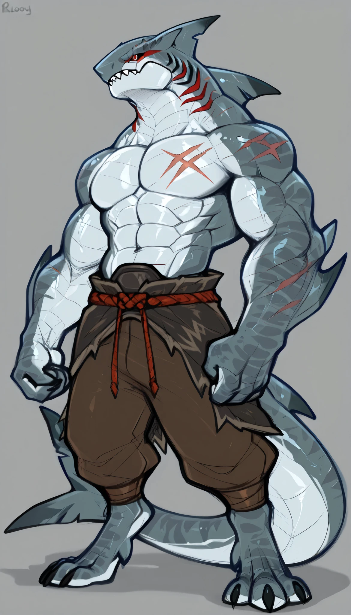 sharkman, anthro megalodon, darker hands and fins, solo, big arms, bara, detailed skin, lizard shark hybrid, anthro, closed mouth, polynesian tattoos, tattoos covering arm and shoulder, detailed scalie skin, scalie arms, fins on arms, gray color body, beefy, thick scales on arms, digitigrade legs, proporcional body, mercenary pants, wide chest, scars, marked jaw, 4 toes, thick shark tail, The design incorporates elements from various shark species, such as the dorsal fin, sharp teeth, and muscular build, best quality, sketch, ultra-detailed, by laobai, by honovy, by Riolutiny, detailed illustration of 4K horror, standing ready to fight