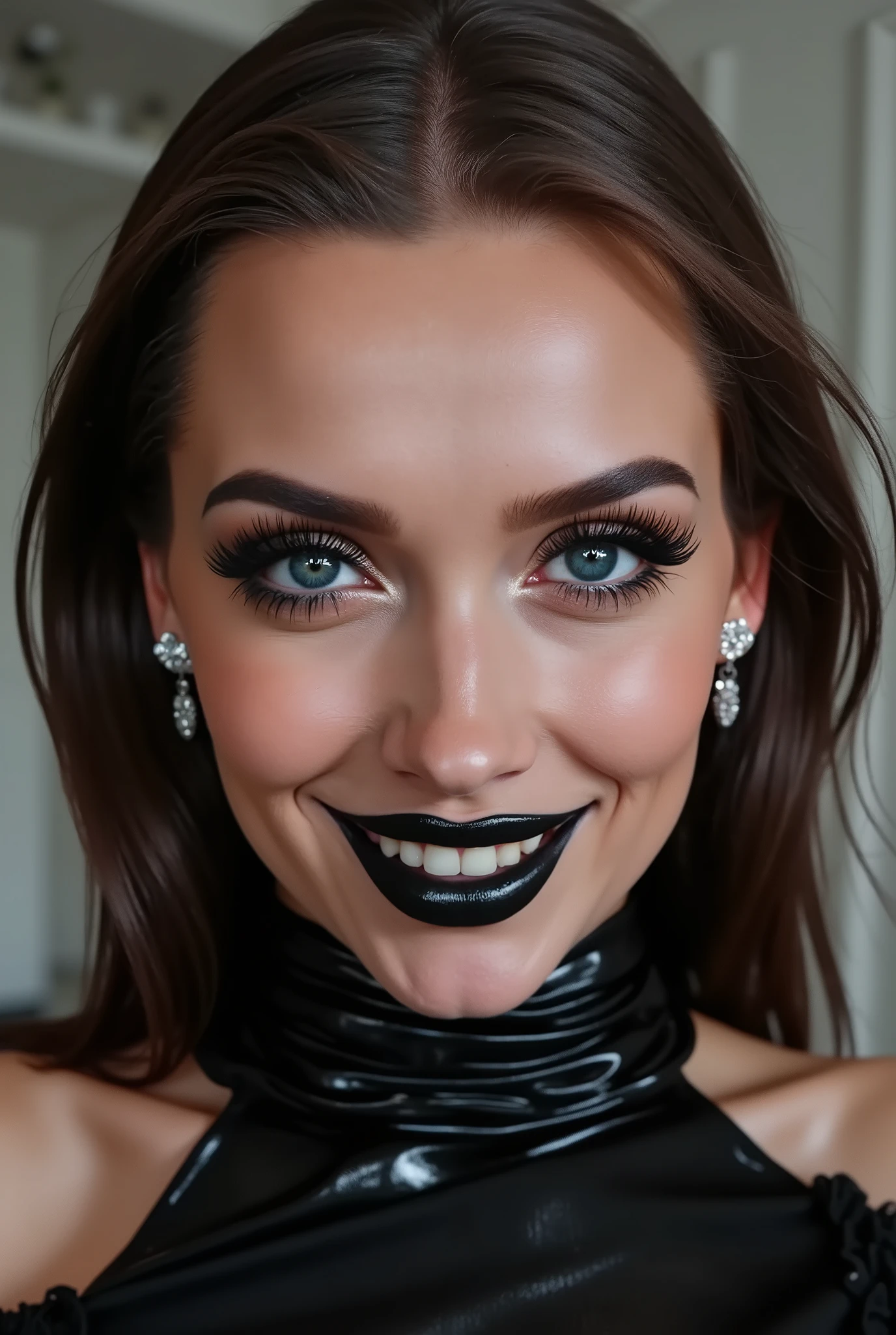 outrageously long and voluminous lash extensions., laughs a lot, Latex suit, diamond ear earrings, black hair, black lips, bright black makeup