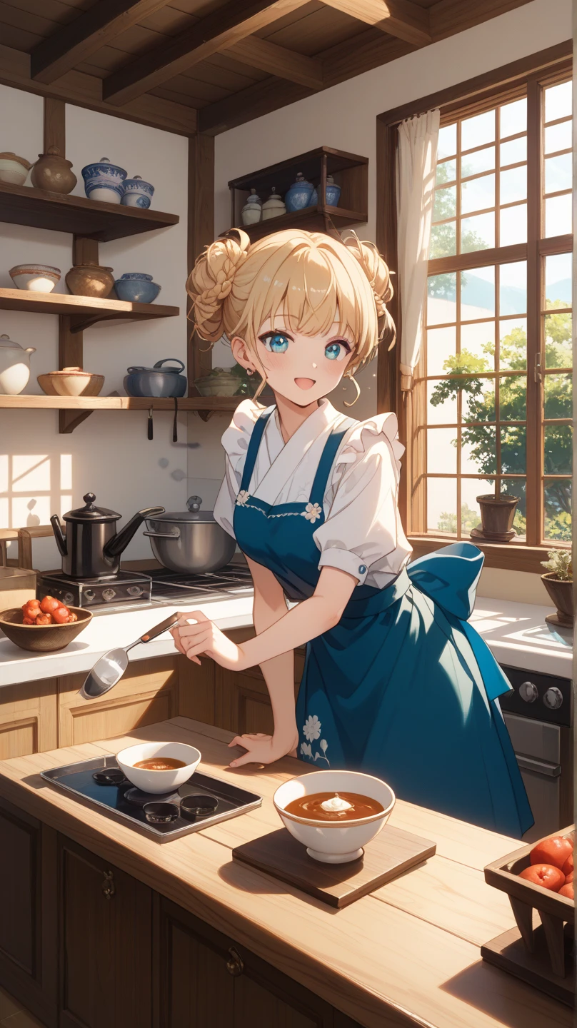 A blonde woman making chanko curry huge pot