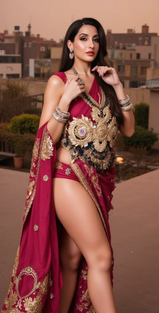 I dream of genius fantasy, Bindi, harem hat with veil, straight and loose hair, Purple vintage short bolero vest with embroidery, sleeveless and fully open, harem pants, cracked abdomen, standing, blond, Sultan's Palace, Lush bust , ssmile, showing off her ballet shoes, walking towards camera with zoom out and full body perspective