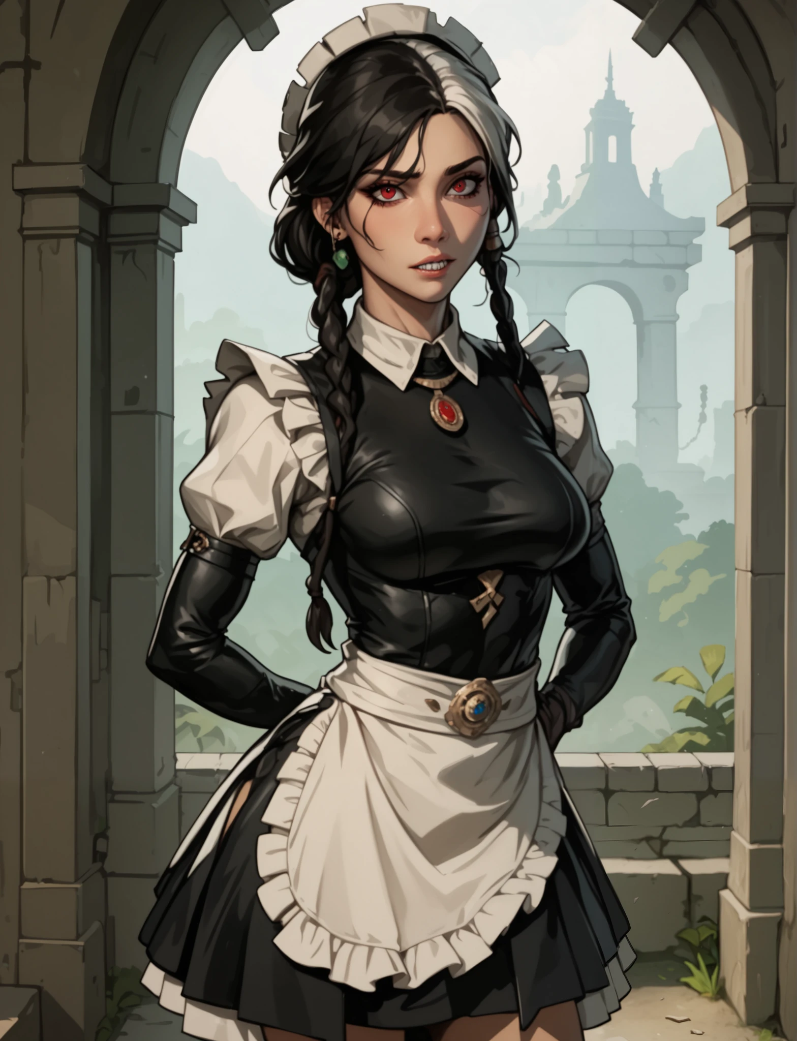 masterpiece, HD , great quality, very aesthetic, absurd, high contrast , high color palette , light glare ,Latest ,2.5D,Volummetric lighting, Sweet, jung, 1 girl, aztekisch, small breasts, red eyes,athletic body, aztekisch, white hair strands, look at the viewer, medieval leather clothing, Dreadlocks, shy, Anime shark teeth, background: jungle and Aztec ruins
