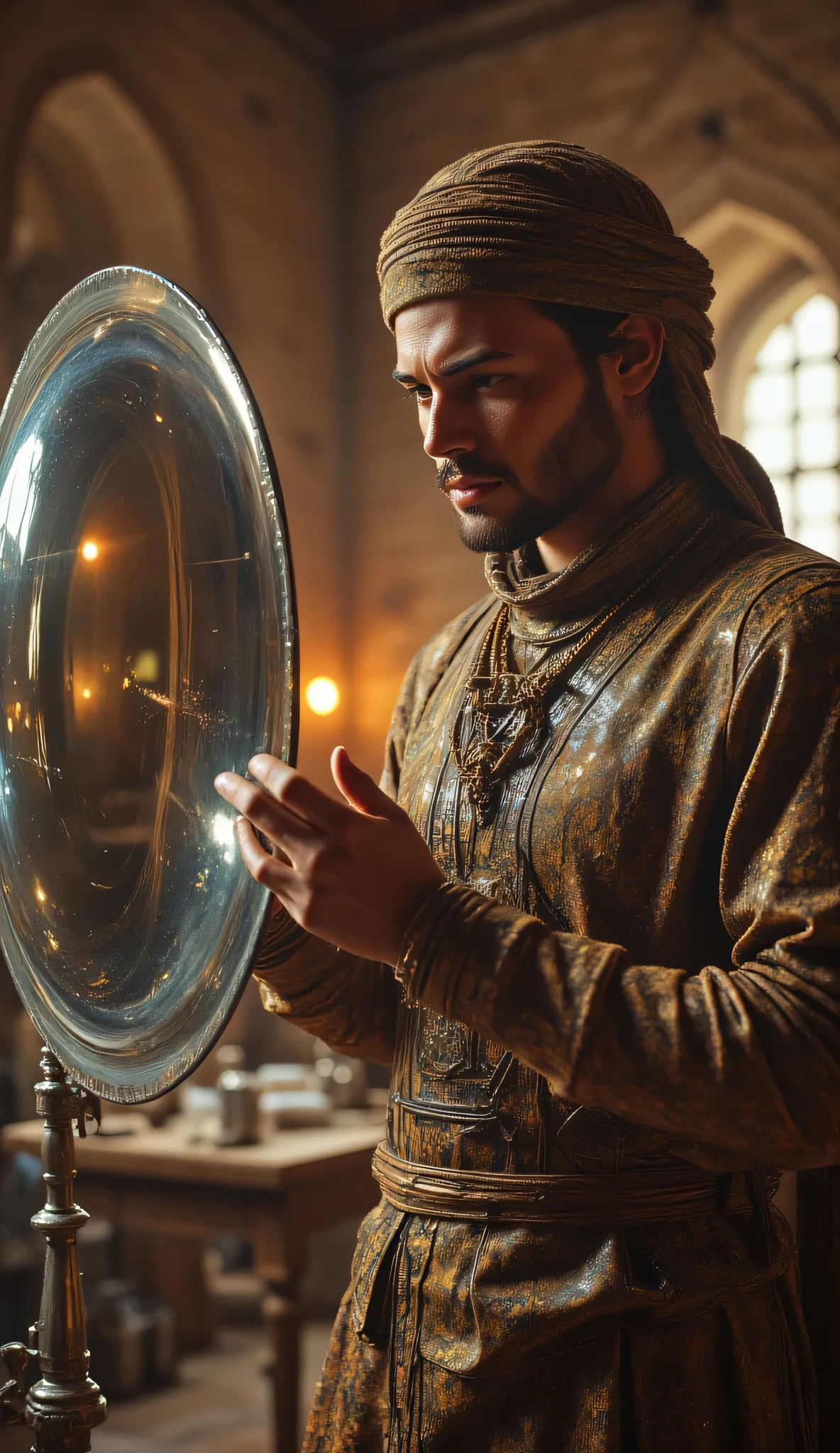 **Prompt:** wider long zoom out. Create a hyperrealistic digital artwork depicting an ancient Arabic reflector maker in a medieval panoramic workshop. The scene should capture a fully-body portrait of a handsome young male character, smiling as he meticulously repairs an ancient big size parabolic reflector silver mirror on a large long table in the foreground. Use a wide-angle camera lens perspective that showcases the intricate details of the workshop, adorned with reflector making lens tools and burgeoning techniques of ancient technology. Focus on the character's face, blending features reminiscent of actors like Johnny Depp, Hugh Jackman, and Nicolas Cage, to create a unique and captivating visage. The character is dressed in a prehistoric archaic Arab outfit, complete with a traditional turban, exuding a dynamic and authentic vibe. Ensure the composition is balanced, utilizing octane 3D rendering techniques to achieve ultra-realistic textures. Pay attention to the best photography composition and image aperture settings, capturing every detail with depth of field in a slow shutter speed effect to enhance realism. Render the artwork as a RAW photo image, employing a photorealistic style that brings the mirrormaker's world to life. Incorporate elements that resonate with the glasspunk aesthetic, potentially drawing inspiration from video game artwork like Far Cry 5 while ensuring the overall piece embodies the essence of ancient craftsmanship and artistry. Aim for the highest quality digital art that showcases realistic human anatomy and the intricate nature of mirror making in antiquity.