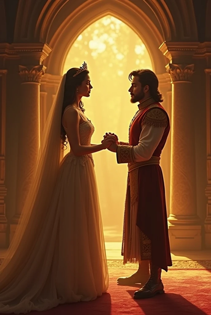 An handsome king holding his beautiful queen in his kingdom