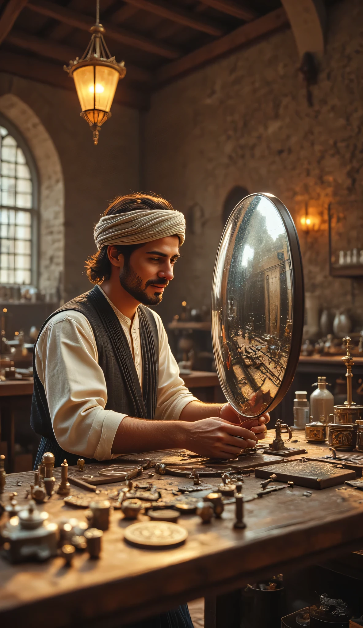 **Prompt:** wider long zoom out. Create a hyperrealistic digital artwork depicting an ancient Arabic reflector maker in a medieval panoramic workshop. The scene should capture a fully-body portrait of a handsome young male character, smiling as he meticulously repairs an ancient big size parabolic reflector silver mirror on a large long table in the foreground. Use a wide-angle camera lens perspective that showcases the intricate details of the workshop, adorned with reflector making lens tools and burgeoning techniques of ancient technology. Focus on the character's face, blending features reminiscent of actors like Johnny Depp, Hugh Jackman, and Nicolas Cage, to create a unique and captivating visage. The character is dressed in a prehistoric archaic Arab outfit, complete with a traditional turban, exuding a dynamic and authentic vibe. Ensure the composition is balanced, utilizing octane 3D rendering techniques to achieve ultra-realistic textures. Pay attention to the best photography composition and image aperture settings, capturing every detail with depth of field in a slow shutter speed effect to enhance realism. Render the artwork as a RAW photo image, employing a photorealistic style that brings the reflector maker's world to life. Incorporate elements that resonate with the glasspunk aesthetic, potentially drawing inspiration from video game artwork like Far Cry 5 while ensuring the overall piece embodies the essence of ancient craftsmanship and artistry. Aim for the highest quality digital art that showcases realistic human anatomy and the intricate nature of reflector mirror making in antiquity.