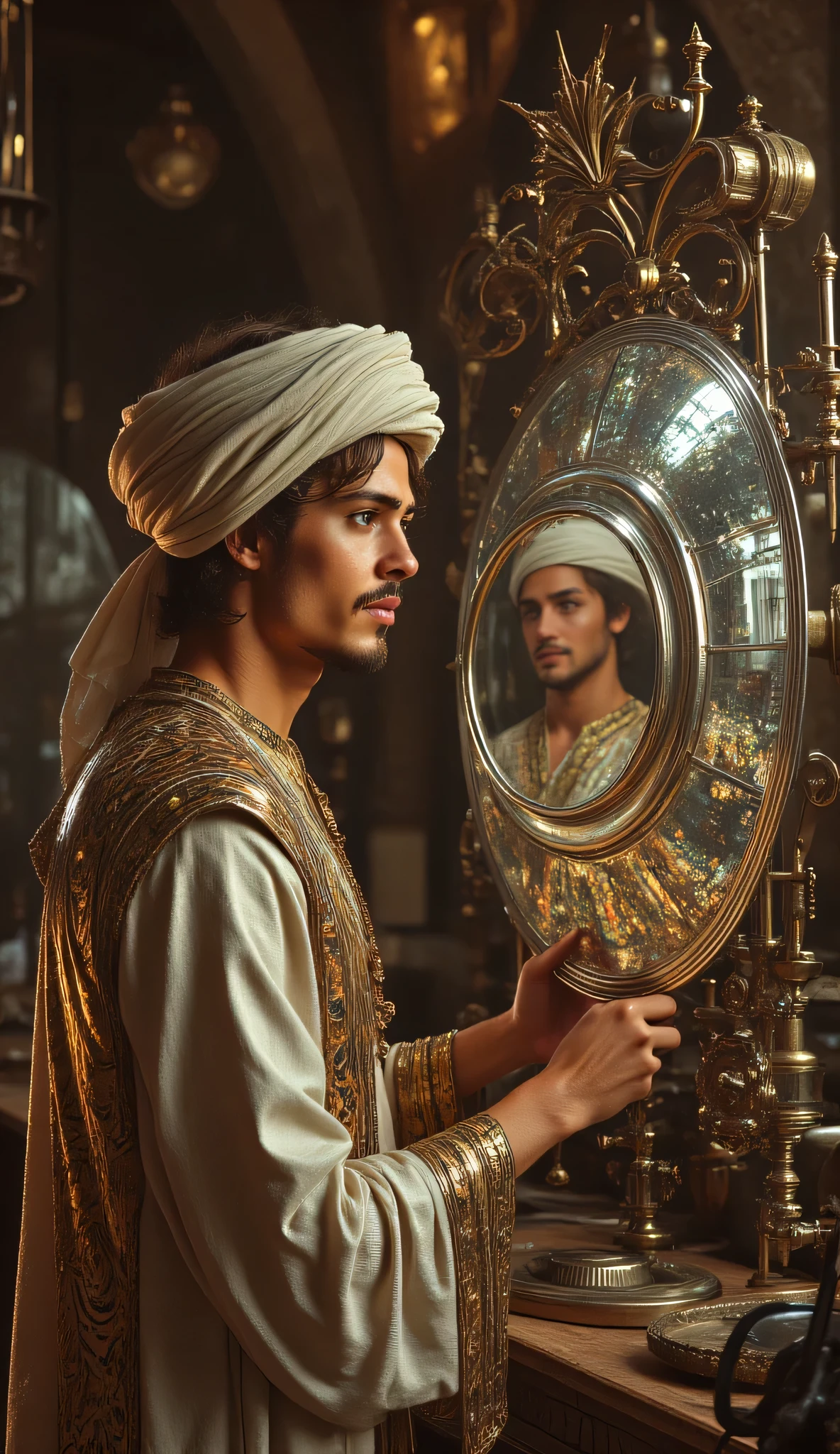 **Prompt:** wider long zoom out. Create a hyperrealistic digital artwork depicting an ancient Arabic reflector maker in a medieval panoramic workshop. The scene should capture a fully-body portrait of a handsome young male character, smiling as he meticulously repairs an ancient big size parabolic reflector silver mirror on a large long table in the foreground. Use a wide-angle camera lens perspective that showcases the intricate details of the workshop, adorned with reflector making lens tools and burgeoning techniques of ancient technology. Focus on the character's face, blending features reminiscent of actors like Johnny Depp, Hugh Jackman, and Nicolas Cage, to create a unique and captivating visage. The character is dressed in a prehistoric archaic Arab outfit, complete with a traditional turban, exuding a dynamic and authentic vibe. Ensure the composition is balanced, utilizing octane 3D rendering techniques to achieve ultra-realistic textures. Pay attention to the best photography composition and image aperture settings, capturing every detail with depth of field in a slow shutter speed effect to enhance realism. Render the artwork as a RAW photo image, employing a photorealistic style that brings the mirrormaker's world to life. Incorporate elements that resonate with the glasspunk aesthetic, potentially drawing inspiration from video game artwork like Far Cry 5 while ensuring the overall piece embodies the essence of ancient craftsmanship and artistry. Aim for the highest quality digital art that showcases realistic human anatomy and the intricate nature of mirror making in antiquity.