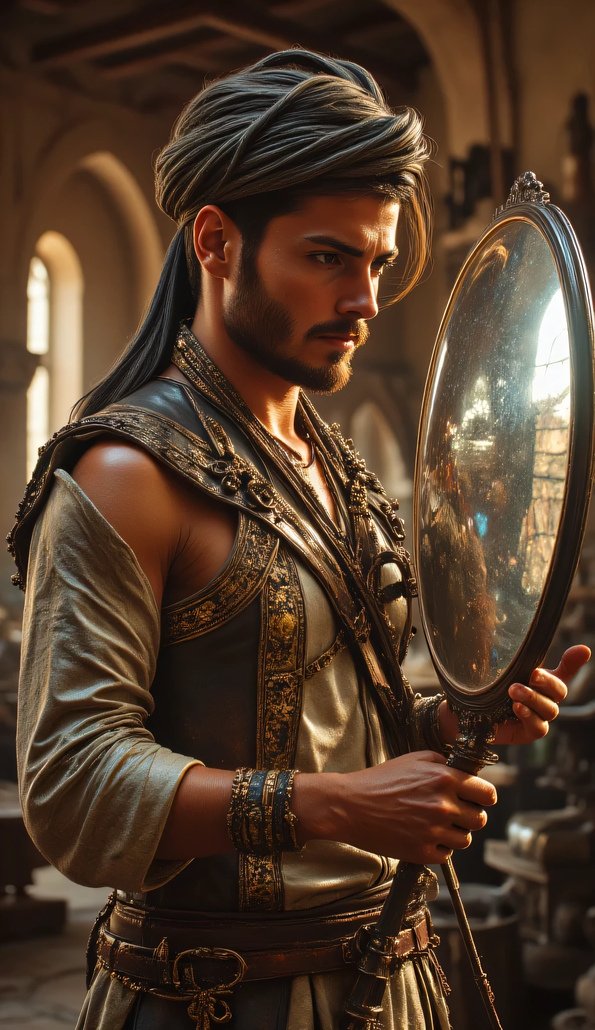 **Prompt:** wider long zoom out. Create a hyperrealistic digital artwork depicting an ancient Arabic reflector maker in a medieval panoramic workshop. The scene should capture a fully-body portrait of a handsome young male character, smiling as he meticulously repairs an ancient big size parabolic reflector silver mirror on a large long table in the foreground. Use a wide-angle camera lens perspective that showcases the intricate details of the workshop, adorned with reflector making lens tools and burgeoning techniques of ancient technology. Focus on the character's face, blending features reminiscent of actors like Johnny Depp, Hugh Jackman, and Nicolas Cage, to create a unique and captivating visage. The character is dressed in a prehistoric archaic Arab outfit, complete with a traditional turban, exuding a dynamic and authentic vibe. Ensure the composition is balanced, utilizing octane 3D rendering techniques to achieve ultra-realistic textures. Pay attention to the best photography composition and image aperture settings, capturing every detail with depth of field in a slow shutter speed effect to enhance realism. Render the artwork as a RAW photo image, employing a photorealistic style that brings the mirrormaker's world to life. Incorporate elements that resonate with the glasspunk aesthetic, potentially drawing inspiration from video game artwork like Far Cry 5 while ensuring the overall piece embodies the essence of ancient craftsmanship and artistry. Aim for the highest quality digital art that showcases realistic human anatomy and the intricate nature of mirror making in antiquity.