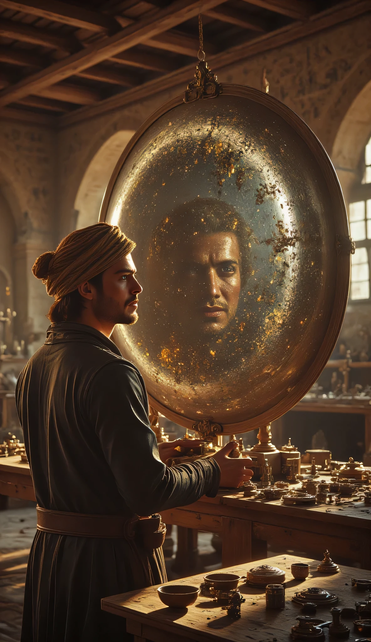 **Prompt:** wider long zoom out. Create a hyperrealistic digital artwork depicting an ancient Arabic reflector maker in a medieval panoramic workshop. The scene should capture a fully-body portrait of a handsome young male character, smiling as he meticulously repairs an ancient big size parabolic reflector silver mirror on a large long table in the foreground. Use a wide-angle camera lens perspective that showcases the intricate details of the workshop, adorned with reflector making lens tools and burgeoning techniques of ancient technology.    Focus on the character's face, blending features reminiscent of actors like Johnny Depp, Hugh Jackman, and Nicolas Cage, to create a unique and captivating visage. The character is dressed in a prehistoric archaic Arab outfit, complete with a traditional turban, exuding a dynamic and authentic vibe.    Ensure the composition is balanced, utilizing octane 3D rendering techniques to achieve ultra-realistic textures. Pay attention to the best photography composition and image aperture settings, capturing every detail with depth of field in a slow shutter speed effect to enhance realism. Render the artwork as a RAW photo image, employing a photorealistic style that brings the mirrormaker's world to life.    Incorporate elements that resonate with the glasspunk aesthetic, potentially drawing inspiration from video game artwork like Far Cry 5 while ensuring the overall piece embodies the essence of ancient craftsmanship and artistry. Aim for the highest quality digital art that showcases realistic human anatomy and the intricate nature of mirror making in antiquity.