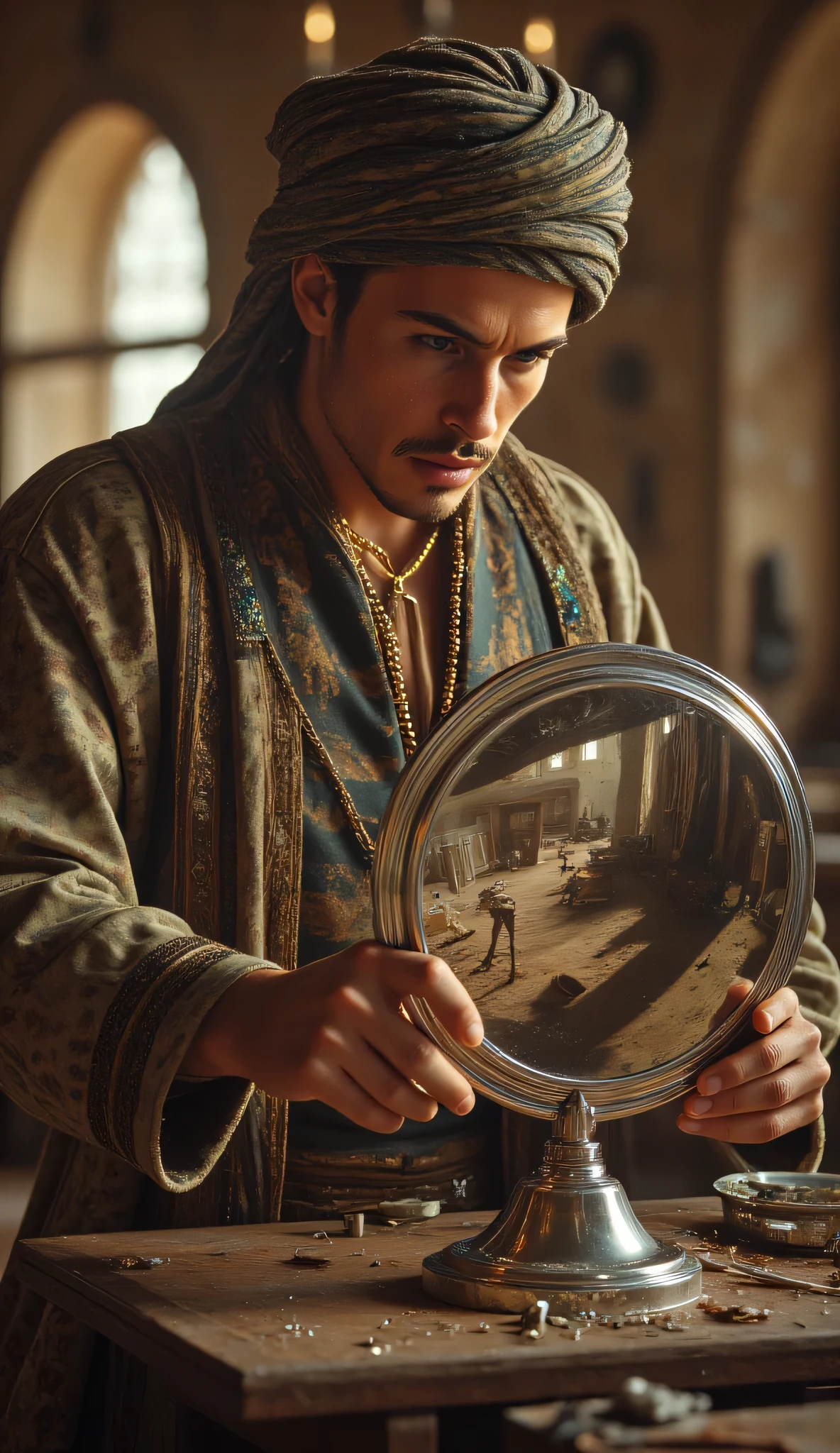 **Prompt:** wider long zoom out. Create a hyperrealistic digital artwork depicting an ancient Arabic reflector maker in a medieval panoramic workshop. The scene should capture a fully-body portrait of a handsome young male character, smiling as he meticulously repairs an ancient big size parabolic reflector silver mirror on a large long table in the foreground. Use a wide-angle camera lens perspective that showcases the intricate details of the workshop, adorned with reflector making lens tools and burgeoning techniques of ancient technology. Focus on the character's face, blending features reminiscent of actors like Johnny Depp, Hugh Jackman, and Nicolas Cage, to create a unique and captivating visage. The character is dressed in a prehistoric archaic Arab outfit, complete with a traditional turban, exuding a dynamic and authentic vibe. Ensure the composition is balanced, utilizing octane 3D rendering techniques to achieve ultra-realistic textures. Pay attention to the best photography composition and image aperture settings, capturing every detail with depth of field in a slow shutter speed effect to enhance realism. Render the artwork as a RAW photo image, employing a photorealistic style that brings the mirrormaker's world to life. Incorporate elements that resonate with the glasspunk aesthetic, potentially drawing inspiration from video game artwork like Far Cry 5 while ensuring the overall piece embodies the essence of ancient craftsmanship and artistry. Aim for the highest quality digital art that showcases realistic human anatomy and the intricate nature of mirror making in antiquity.