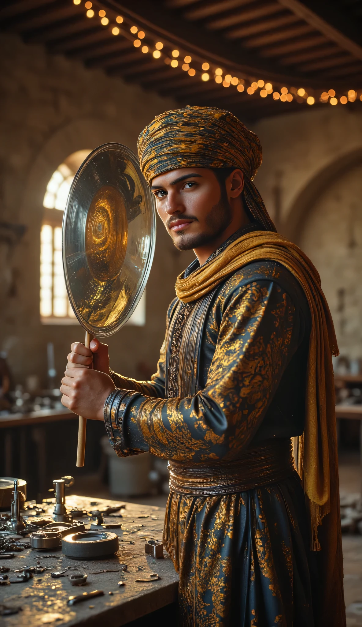 **Prompt:** wider long zoom out. Create a hyperrealistic digital artwork depicting an ancient Arabic reflector maker in a medieval panoramic workshop. The scene should capture a fully-body portrait of a handsome young male character, smiling as he meticulously repairs an ancient big size parabolic reflector silver mirror on a large long table in the foreground. Use a wide-angle camera lens perspective that showcases the intricate details of the workshop, adorned with reflector making lens tools and burgeoning techniques of ancient technology. Focus on the character's face, blending features reminiscent of actors like Johnny Depp, Hugh Jackman, and Nicolas Cage, to create a unique and captivating visage. The character is dressed in a prehistoric archaic Arab outfit, complete with a traditional turban, exuding a dynamic and authentic vibe. Ensure the composition is balanced, utilizing octane 3D rendering techniques to achieve ultra-realistic textures. Pay attention to the best photography composition and image aperture settings, capturing every detail with depth of field in a slow shutter speed effect to enhance realism. Render the artwork as a RAW photo image, employing a photorealistic style that brings the mirrormaker's world to life. Incorporate elements that resonate with the glasspunk aesthetic, potentially drawing inspiration from video game artwork like Far Cry 5 while ensuring the overall piece embodies the essence of ancient craftsmanship and artistry. Aim for the highest quality digital art that showcases realistic human anatomy and the intricate nature of mirror making in antiquity.