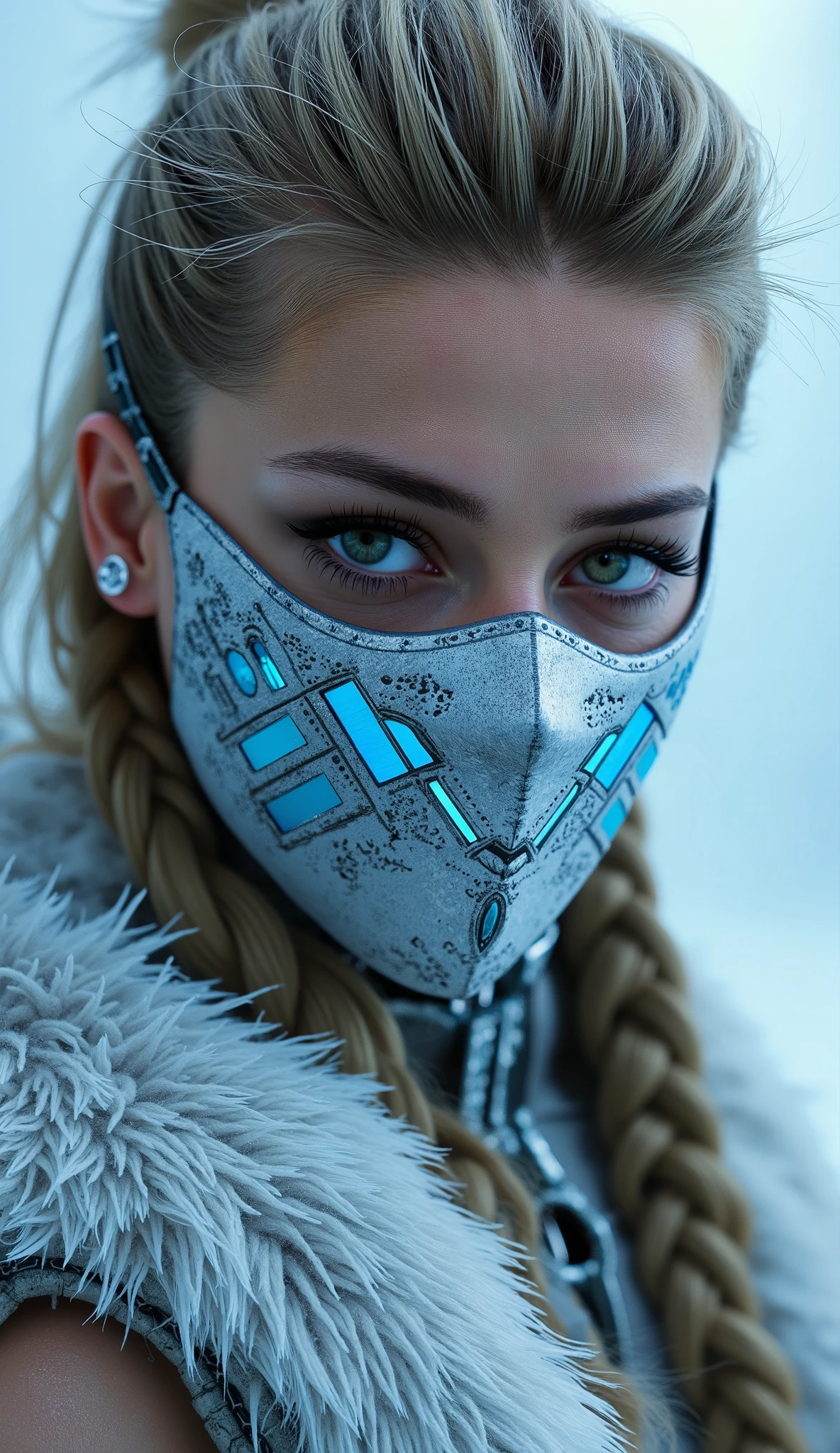 Here is a detailed prompt to generate an image ** super realistic** da Amber Heard como **Frost**, in a style **viking**, focused **only on the face**, with a very detailed and shiny white metallic mask, and an impactful background:
---
**"Close-up hiper-realista do rosto da Amber Heard como Frost, the cryomating warrior of * mortal kombat*, reinterpretada in a style viking. She has a cold and calculating expression , with penetrating eyes that convey determination and power. Her metallic white mask covers part of the face, with intricate details and brilliant reflections that highlight the shimmering material. The mask is adorned with geometric patterns and small blue ornaments that complement your look. The lighting is cool and dramatic , with shades of blue and silver , creating strong contrasts between light and shadow. The background is a realistic, icy setting, with bluish lights, ice crystals and a soft mist, adding an intense and enveloping atmosphere. viking details, like braids in the hair and tribal props, are present, integrating the Nordic style with the look of Frost."**
---
**Extra details for realism:**
- **mask:** Highly detailed design, with metallic reflections , geometric patterns and bright blue ornaments.
- **Viking Style:** Braids in the hair and tribal props, like pendants and runes, integrated into the look .
- ** Expression:** look cold and calculating, transmitting the powerful and determined essence of Frost.
- **Bottom:** Hyper-detailed textures in the ice crystals and surrounding fog.
This prompt combines iconic Frost elements with Amber Heard's unique look and Viking style, ensuring a cinematic and immersive result! 🔥