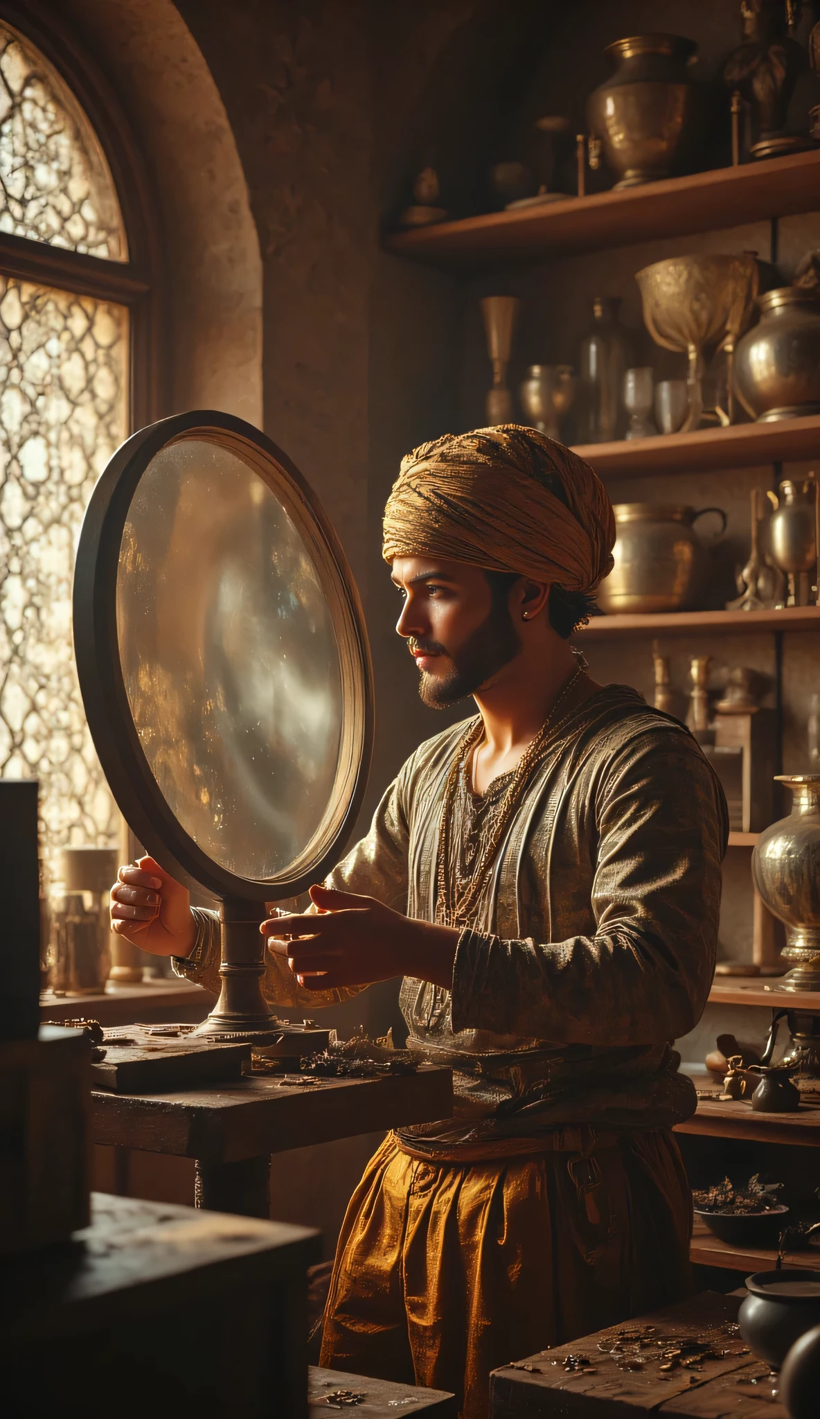 **Prompt:** wider long zoom out. Create a hyperrealistic digital artwork depicting an ancient Arabic reflector maker in a medieval panoramic workshop. The scene should capture a fully-body portrait of a handsome young male character, smiling as he meticulously repairs an ancient big size parabolic reflector silver mirror on a large long table in the foreground. Use a wide-angle camera lens perspective that showcases the intricate details of the workshop, adorned with reflector making lens tools and burgeoning techniques of ancient technology. Focus on the character's face, blending features reminiscent of actors like Johnny Depp, Hugh Jackman, and Nicolas Cage, to create a unique and captivating visage. The character is dressed in a prehistoric archaic Arab outfit, complete with a traditional turban, exuding a dynamic and authentic vibe. Ensure the composition is balanced, utilizing octane 3D rendering techniques to achieve ultra-realistic textures. Pay attention to the best photography composition and image aperture settings, capturing every detail with depth of field in a slow shutter speed effect to enhance realism. Render the artwork as a RAW photo image, employing a photorealistic style that brings the mirrormaker's world to life. Incorporate elements that resonate with the glasspunk aesthetic, potentially drawing inspiration from video game artwork like Far Cry 5 while ensuring the overall piece embodies the essence of ancient craftsmanship and artistry. Aim for the highest quality digital art that showcases realistic human anatomy and the intricate nature of mirror making in antiquity.