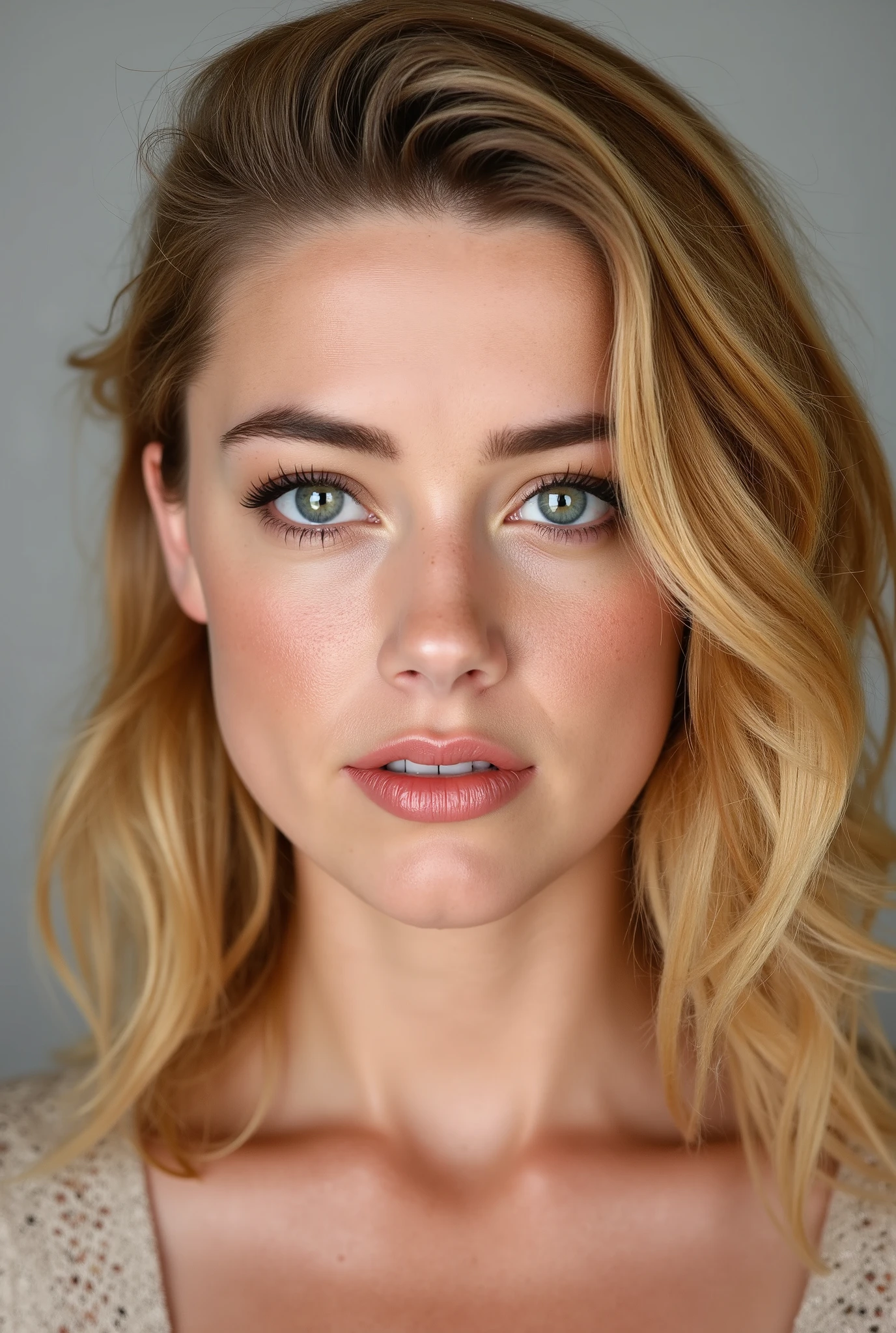 ((the best quality)), ((masterpiece)), ( Detailed), rostro perfecto, Very attractive and beautiful 19 year old AMBER HEARD girl, blonde, family, with medium long hair and light blue eyes looking directly at the camera., hot, sexy, pasport photo, most beautiful, ROUND FACE EYEBROWS, Good chin , Better proportions, High-textured skin and hair ., Incredible blue eyes and blonde hair .