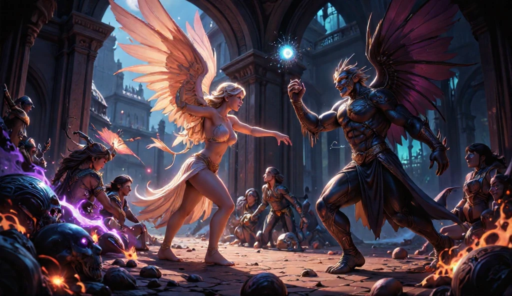 A goddess with a sword and a demon stand in front of the fire, artgerm julie bell beeple, author:Jeremy Chang, Fantasy art Behance, tyler edlin fantasy art, peter mohrbacher and artgerm, author:Johannes Helgesen, 4K fantasy art, aly fell and artgerm, High quality fantasy art